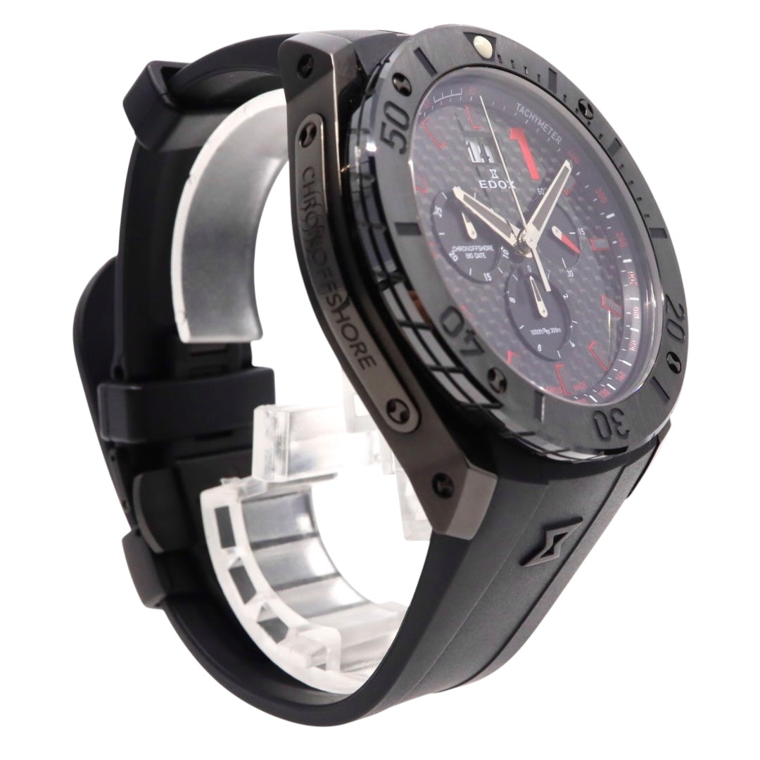 【新品同様/稼働品】エドックス EDOX クロノオフショア1 10020 メンズ腕時計 クオーツ クロノグラフ ビッグデイト カーボンダイヤル ブラック 300m防水 ダイバーズウォッチ パワーボート スイス製 スポーティ エレガント G7