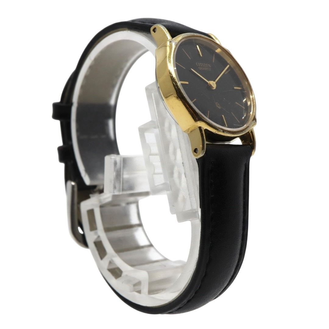 citizen シチズン クオーツ 腕時計 4-102321Y ゴールド ブラック文字盤 ラウンドケース レザーベルト レディース ヴィンテージ