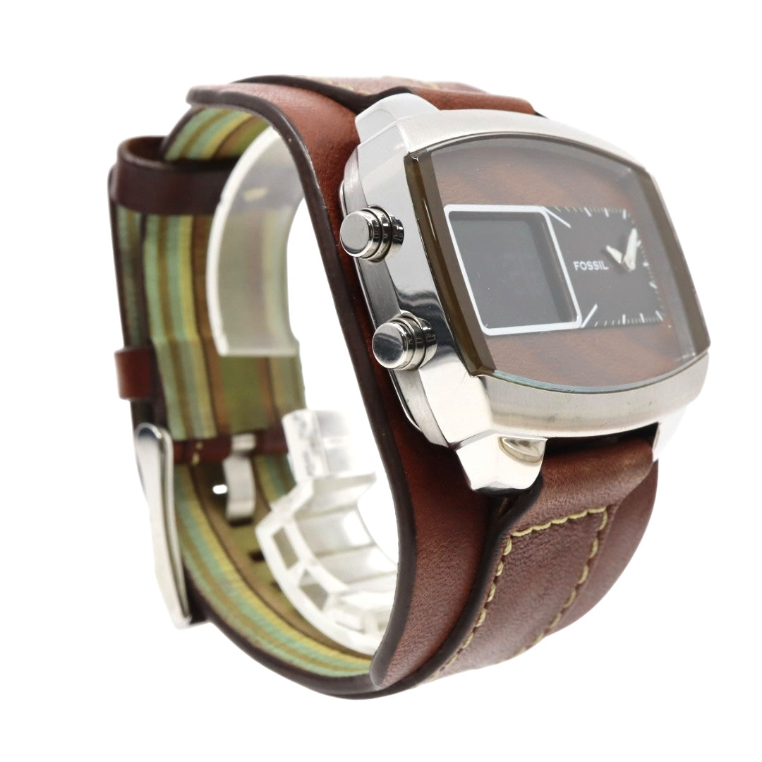 【美品/稼働品】フォッシル 腕時計 JR-9633 アナデジ ウッド調文字盤 カフレザー ワイドベルト ブラウン シルバー メンズ クオーツ ヴィンテージ レトロ 個性的 デザインウォッチ ストリート カジュアル G9