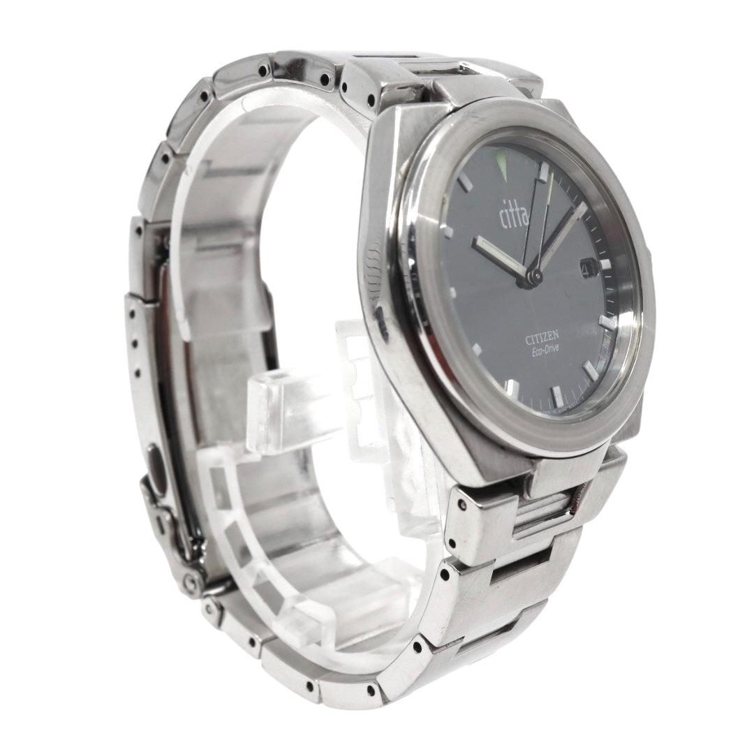【美品/稼働品】シチズン チッタ Citta エコドライブ 腕時計 A160-H15696 メンズ ソーラー デイト ブラック文字盤 シルバー ステンレス ビジネス カジュアル シンプル ファッション ウォッチ G10 citizen