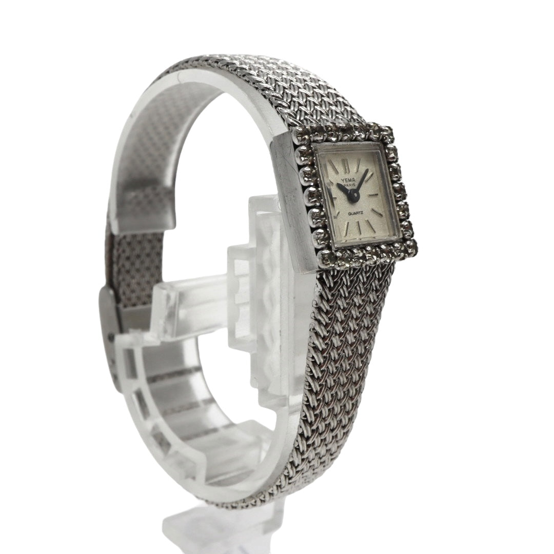 【美品/電池交換済】イエマ YEMA 腕時計 P7307 レディース スクエア ラインストーンベゼル クオーツ シルバー メッシュベルト ブレスレット ジュエリーウォッチ ドレスウォッチ アンティーク ビンテージ クラシック エレガント G10