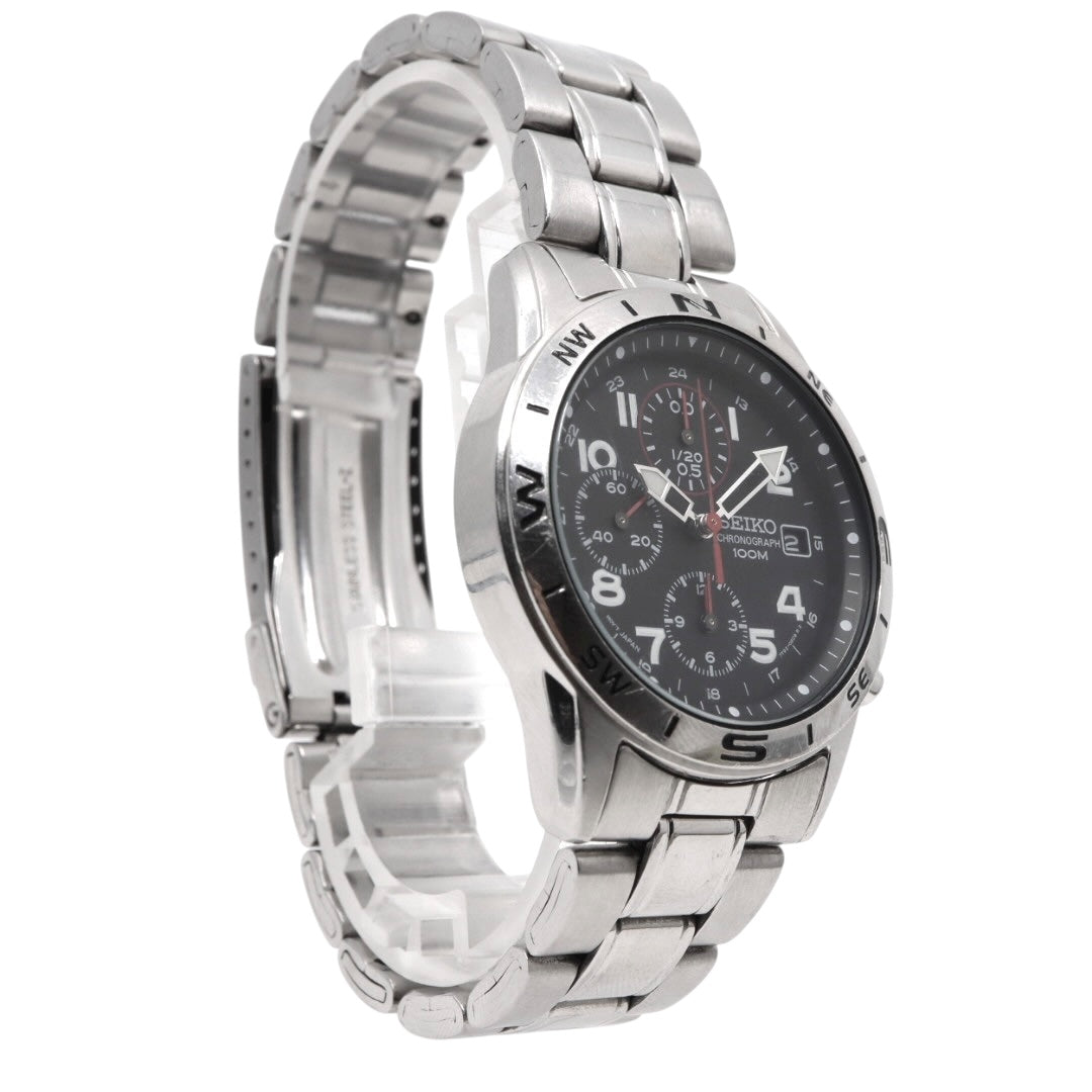 【美品/電池交換済】セイコー クロノグラフ 7T92-0DX0 腕時計 メンズ 100M防水 クオーツ ステンレス ブラック文字盤 シルバー アナログ デイト表示 方位計 スポーツウォッチ ビジネス カジュアル ファッション G10