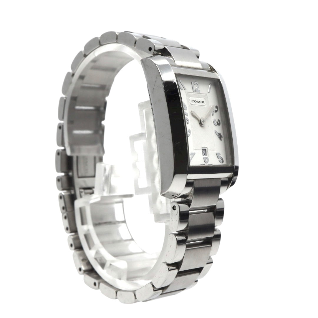【美品】コーチ COACH 腕時計 レディース レクタンギュラー 0243 スクエア シルバー 白文字盤 ステンレス クォーツ 3針 デイト ビジネス フォーマル オフィス 通勤 クラシック 上品 洗練 スイス製 角型 G10