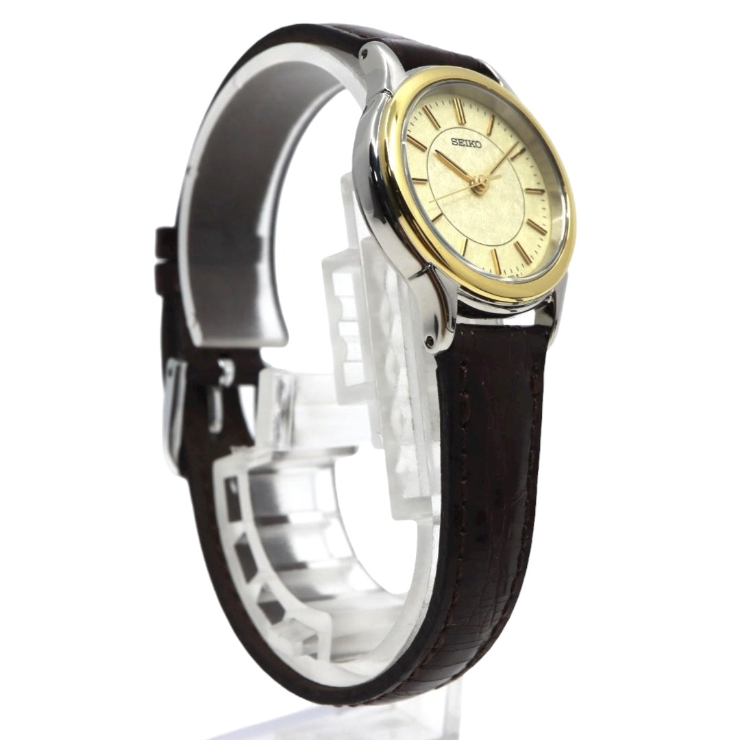 SEIKO セイコー 7N01-6881 ゴールドトーン ベゼル テクスチャー文字盤 クォーツ レディース ステンレス レザーベルト 上品 エレガント ウォッチ G11