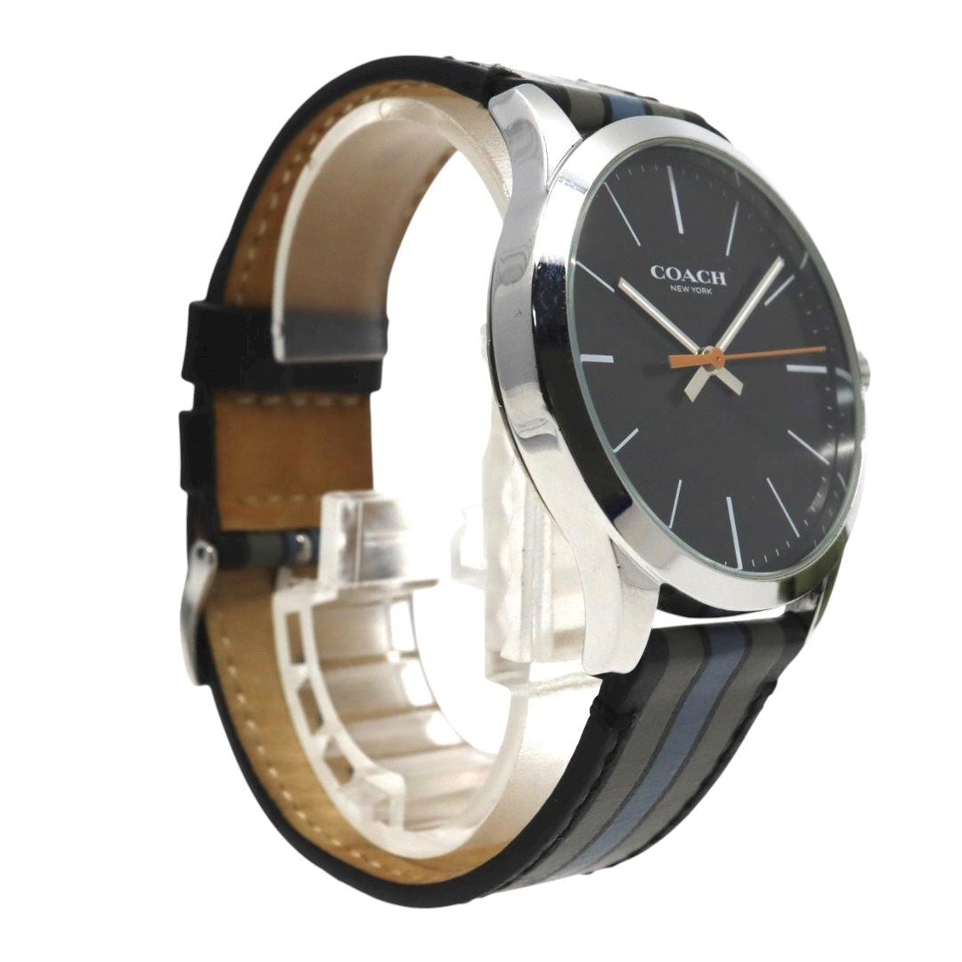 【美品】コーチ COACH 腕時計 メンズ チャールズ Charles ブラック シルバー マルチカラー ストライプ レザー CA.118.2.112.1537 クォーツ アナログ 3針 ビジネス カジュアル シンプル 個性的 希少 ビッグフェイス G11