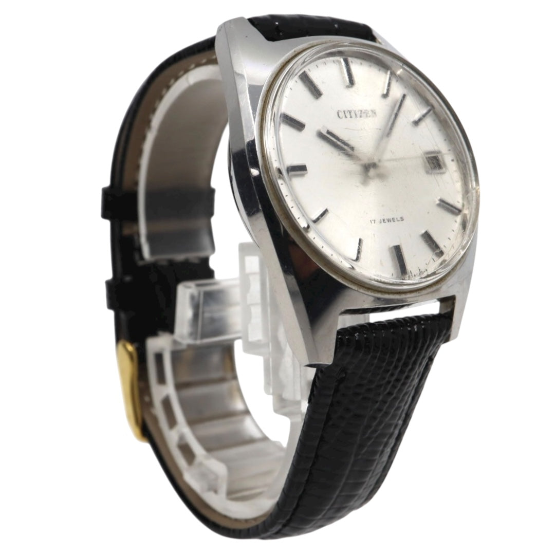 【美品】CITIZEN 手巻き 17JEWELS ヴィンテージ デイト付き メンズ 腕時計 シルバー文字盤 クラシックデザイン シチズン G11