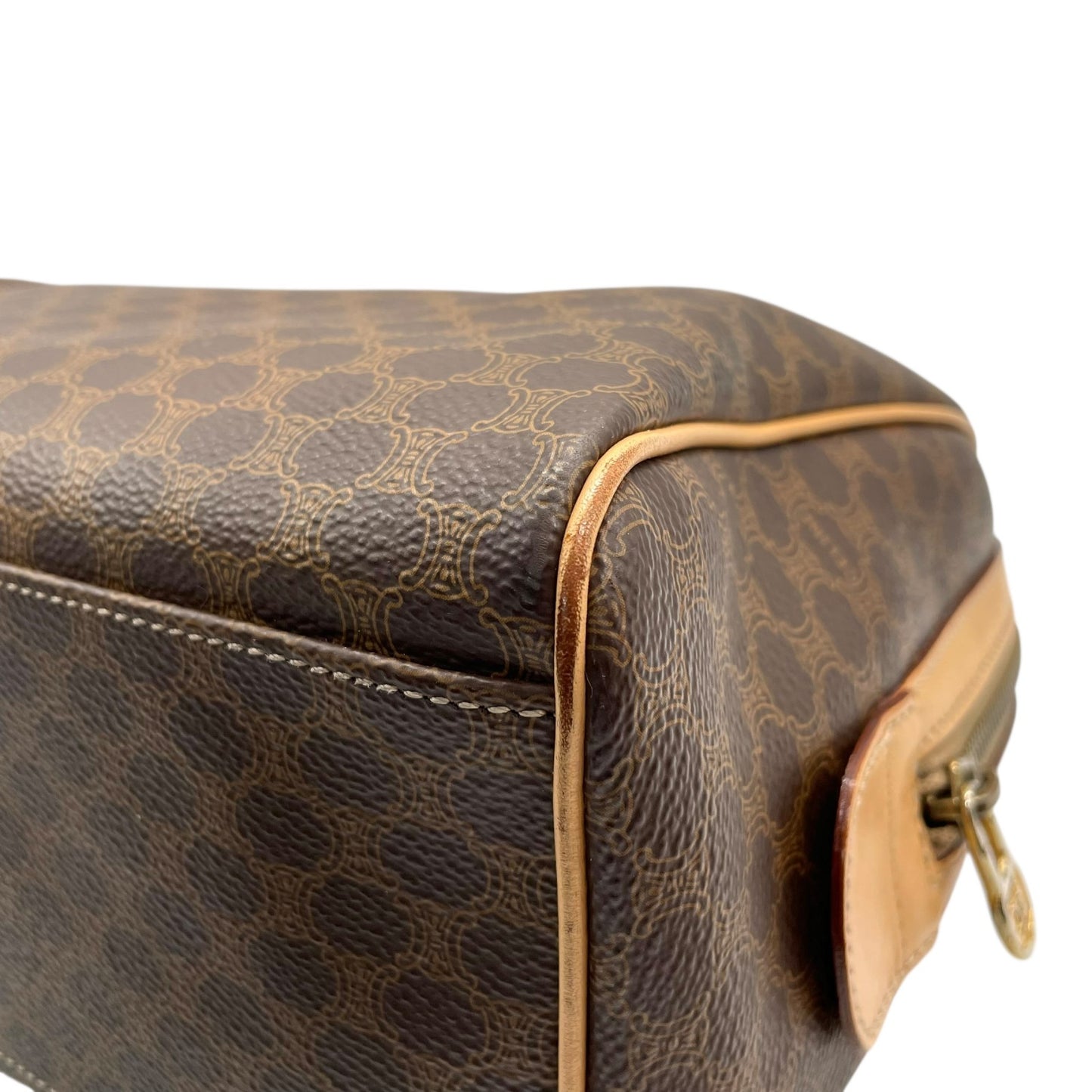 Authentic CELINE Trionf Monogram 2WAY Handbag Mini Boston Bag Shoulder Bag Leather Brown Gold Hardware Zipper Crossbody Women's