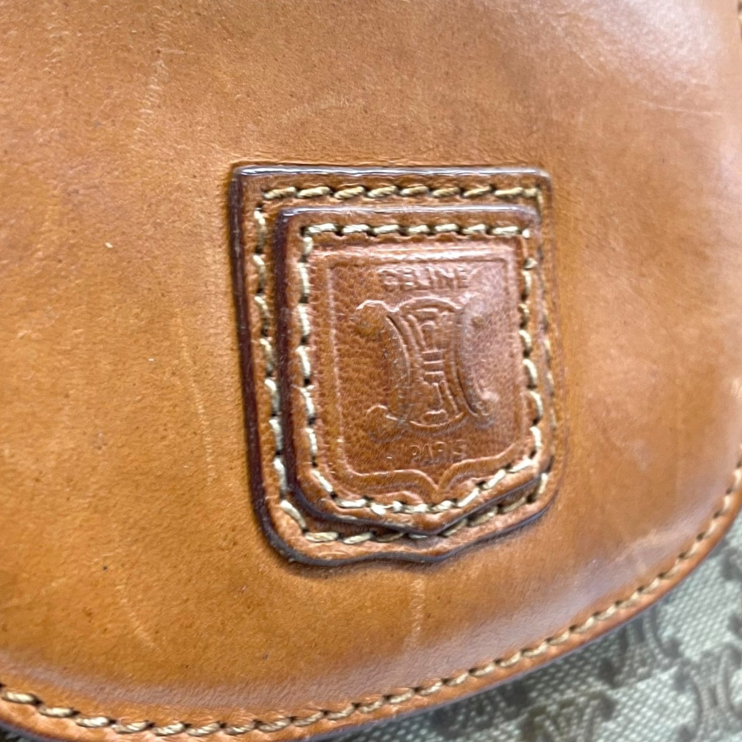 Authentic CELINE Macadam Trionf Shoulder Bag Beige Brown PVC Leather Gold Hardware Women's Flap