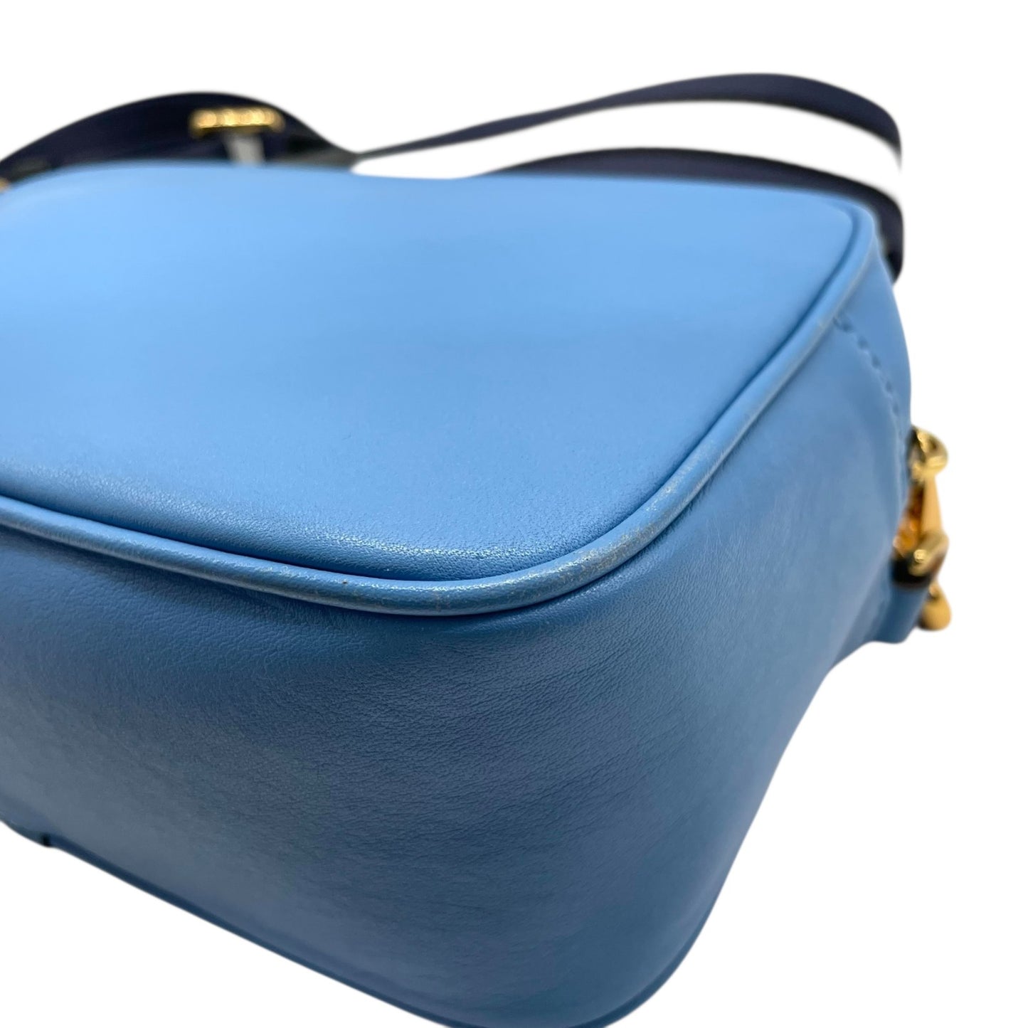 Authentic MARC JACOBS Flash Leather Crossbody Camera Bag Blue Leather Gold Hardware Women's Logo