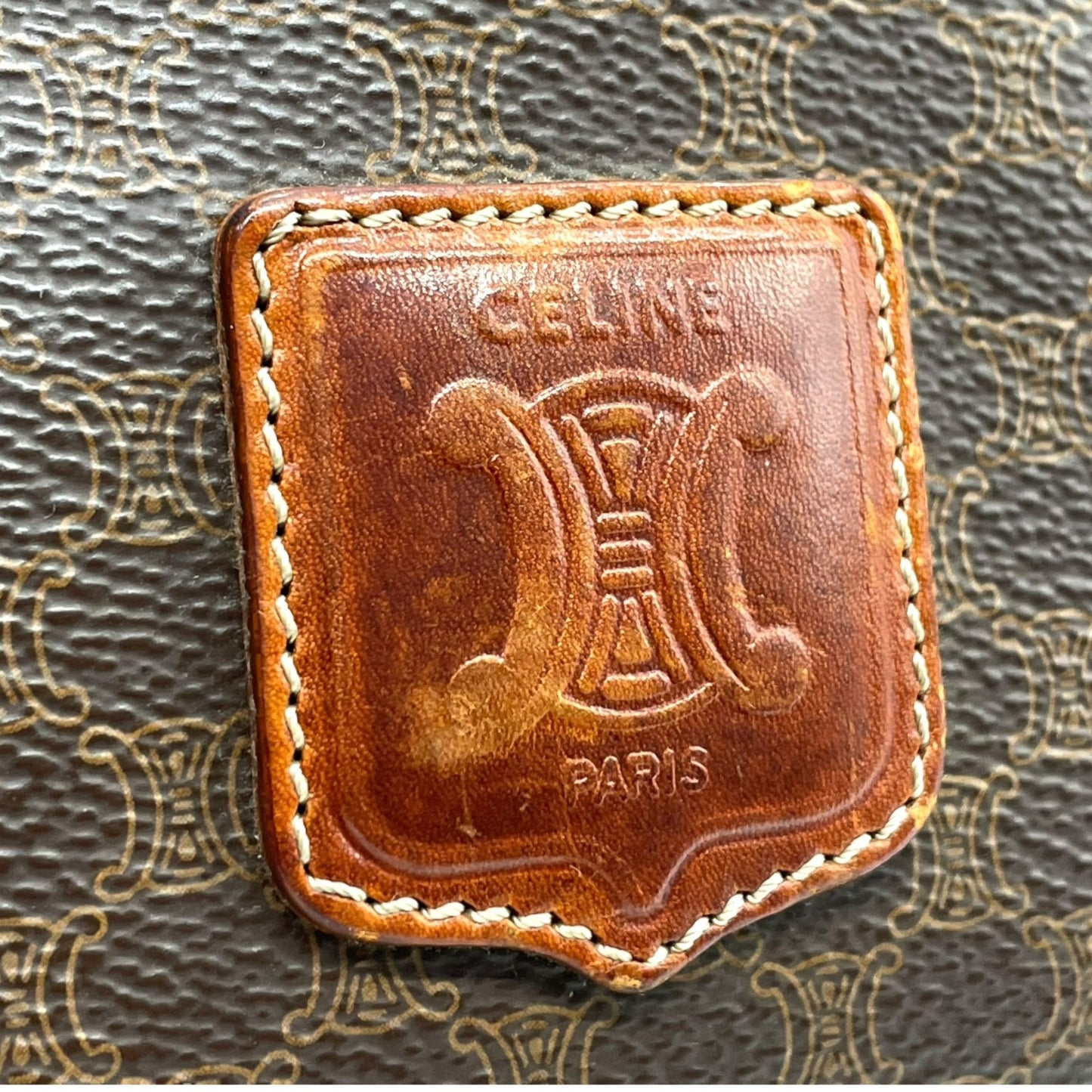 Authentic CELINE Vintage Macadam Handbag Brown PVC Leather Gold Hardware Logo Women's