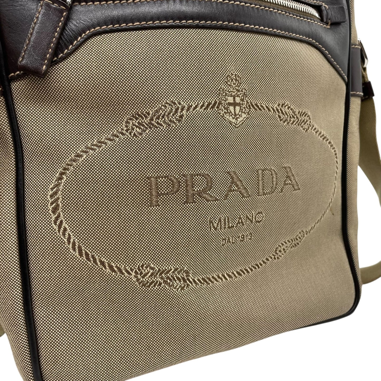 美品 PRADA プラダ ショルダーバッグ ジャガード VA0644 キャンバス レザー ベージュ ブラウン シルバー金具 斜め掛け可 クロスボディ ロゴ メンズ レディース Q