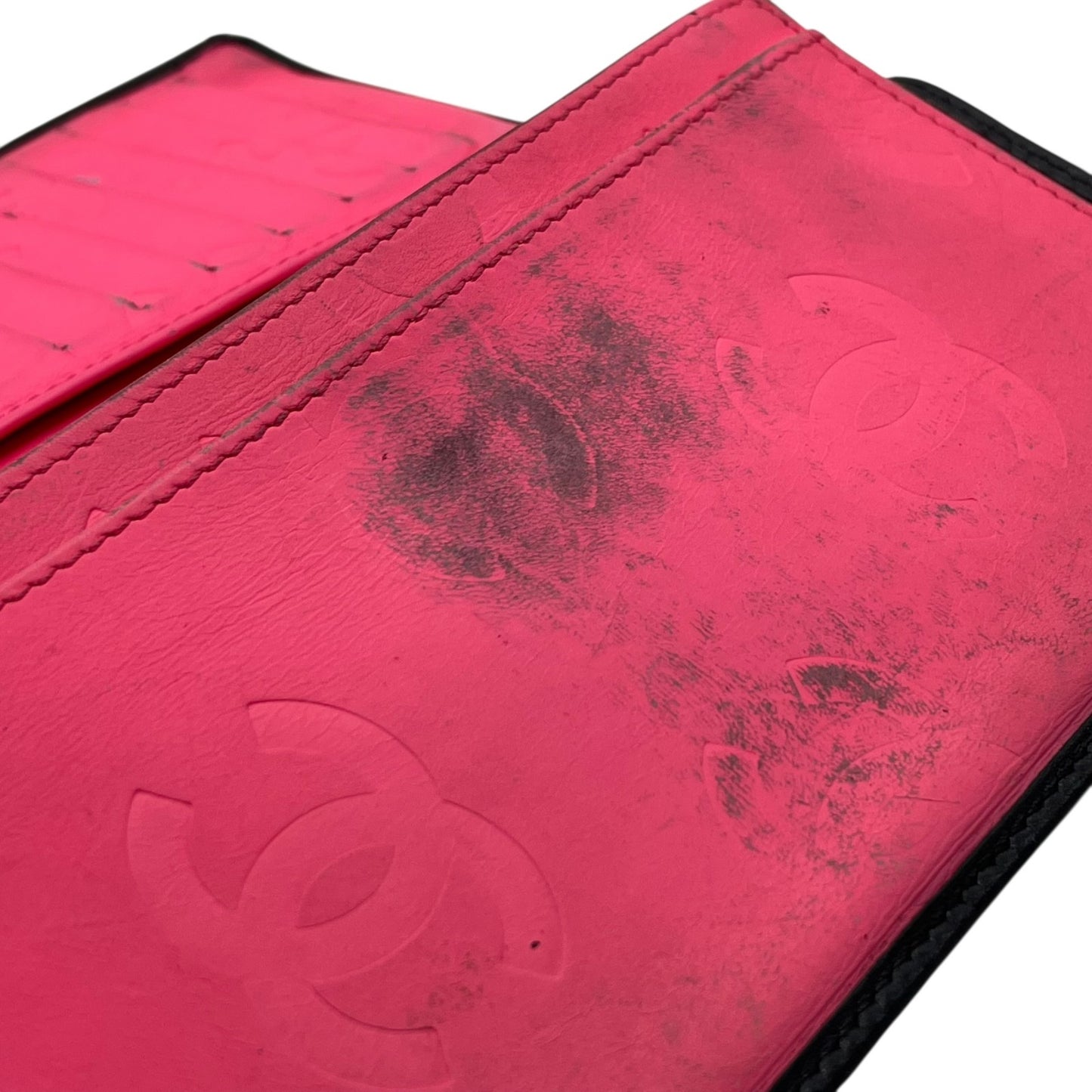 CHANEL シャネル カンボンライン ココマーク 二つ折り 長財布 黒 ブラック ピンク パテントレザー シルバー金具 レディース M5