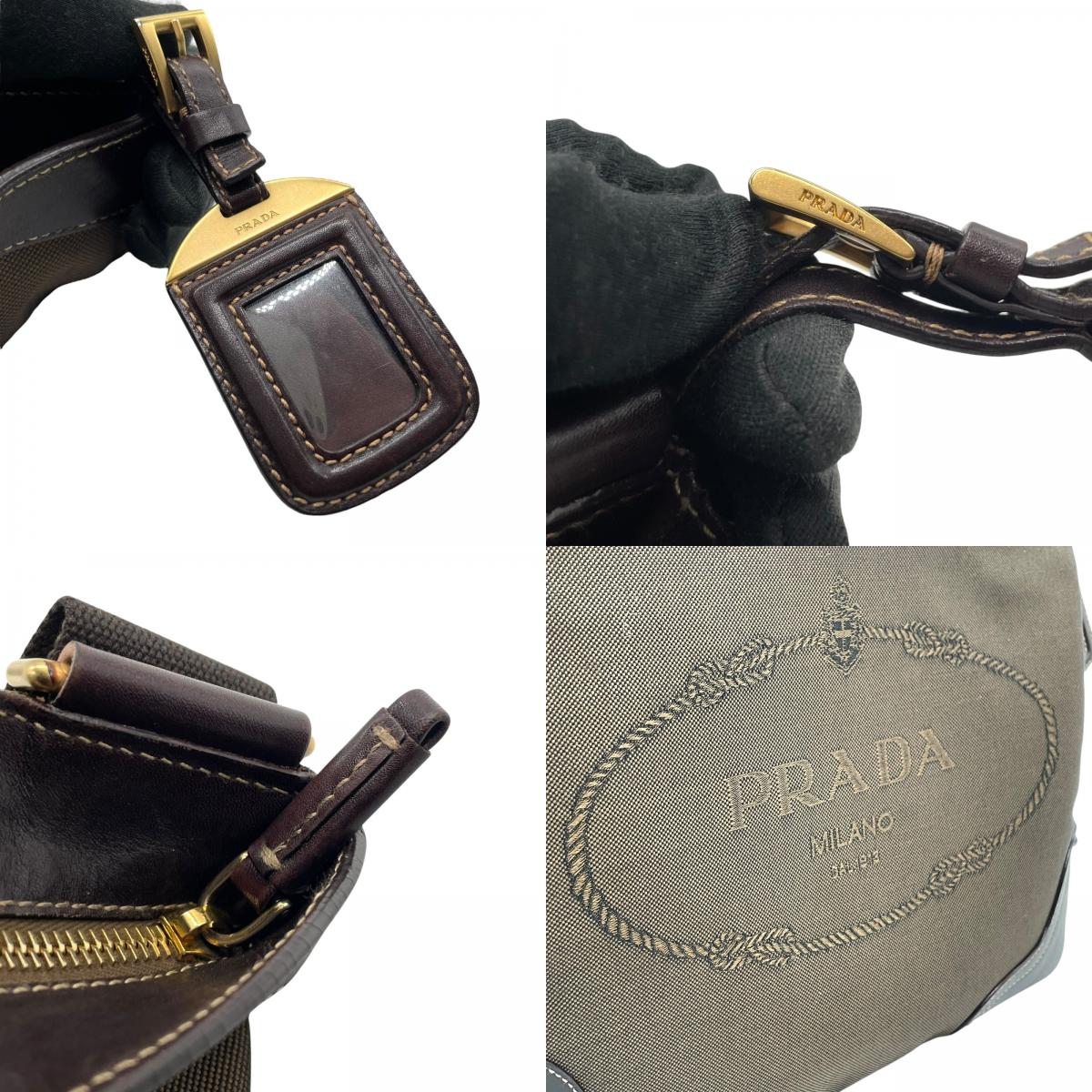 Authentic PRADA Logo Jacquard Large Logo Canvas Leather Shoulder Bag Brown Crossbody Women