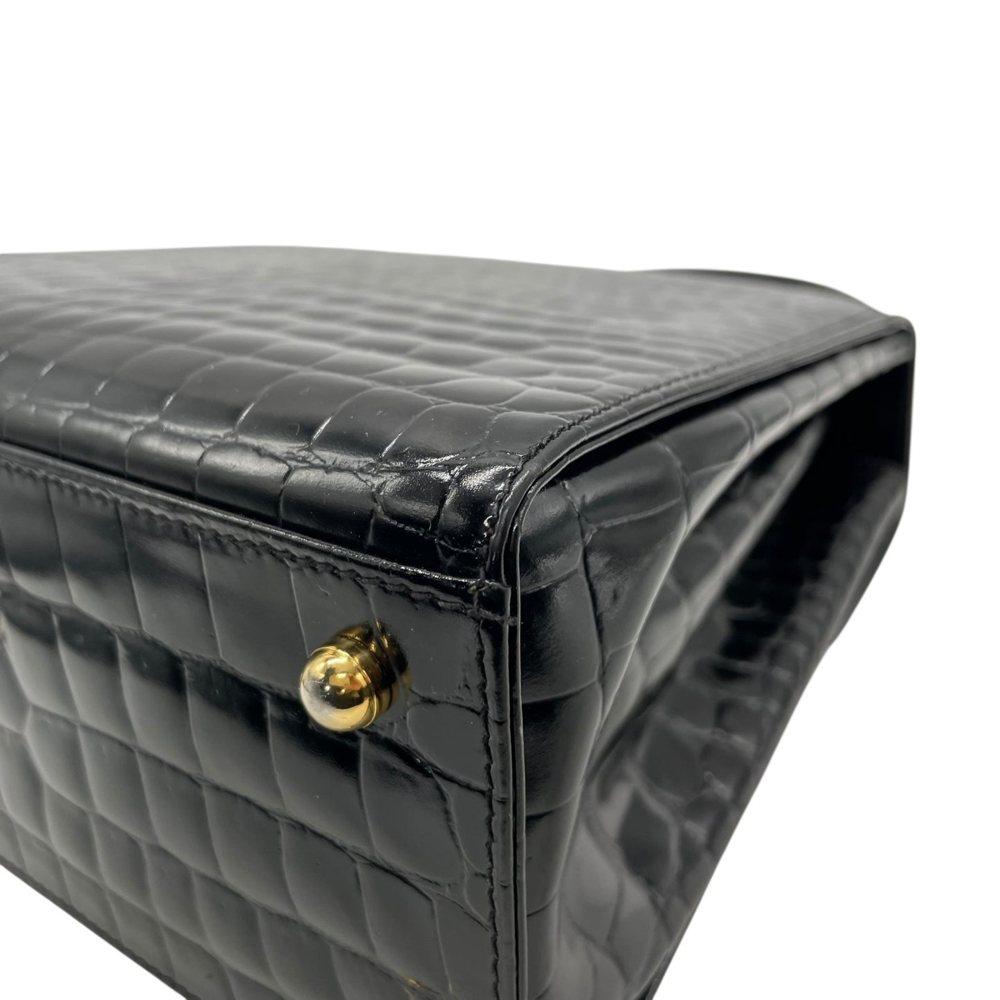 美品 TIFFANY＆Co. ティファニー ハンドバッグ 黒 ブラック レザー クロコ型押し ゴールド金具 手提げ トップハンドル フラップ開閉 レディース B