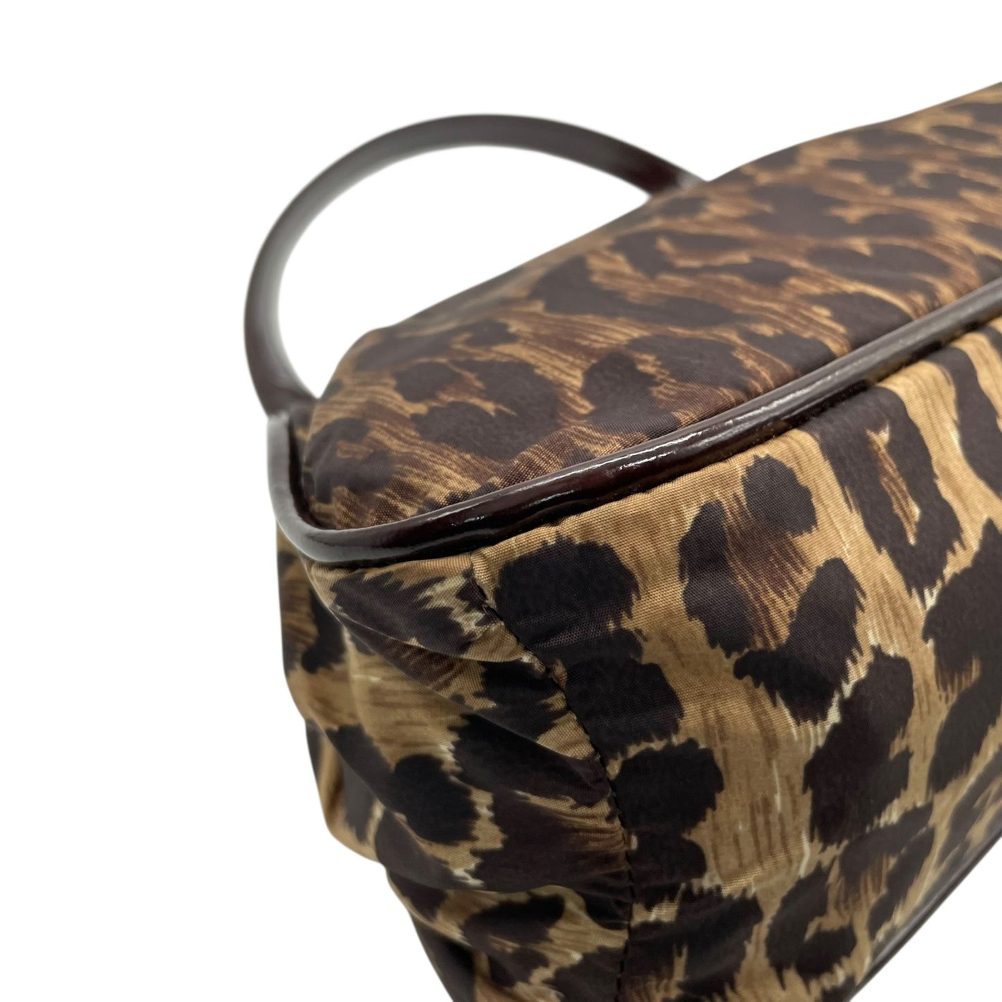 美品 DOLCE&GABBANA ドルチェ＆ガッパーナ ハンドバッグ レオパード ヒョウ柄 茶 ブラウン ナイロン パテントレザー シルバー金具 がま口 レディース C3