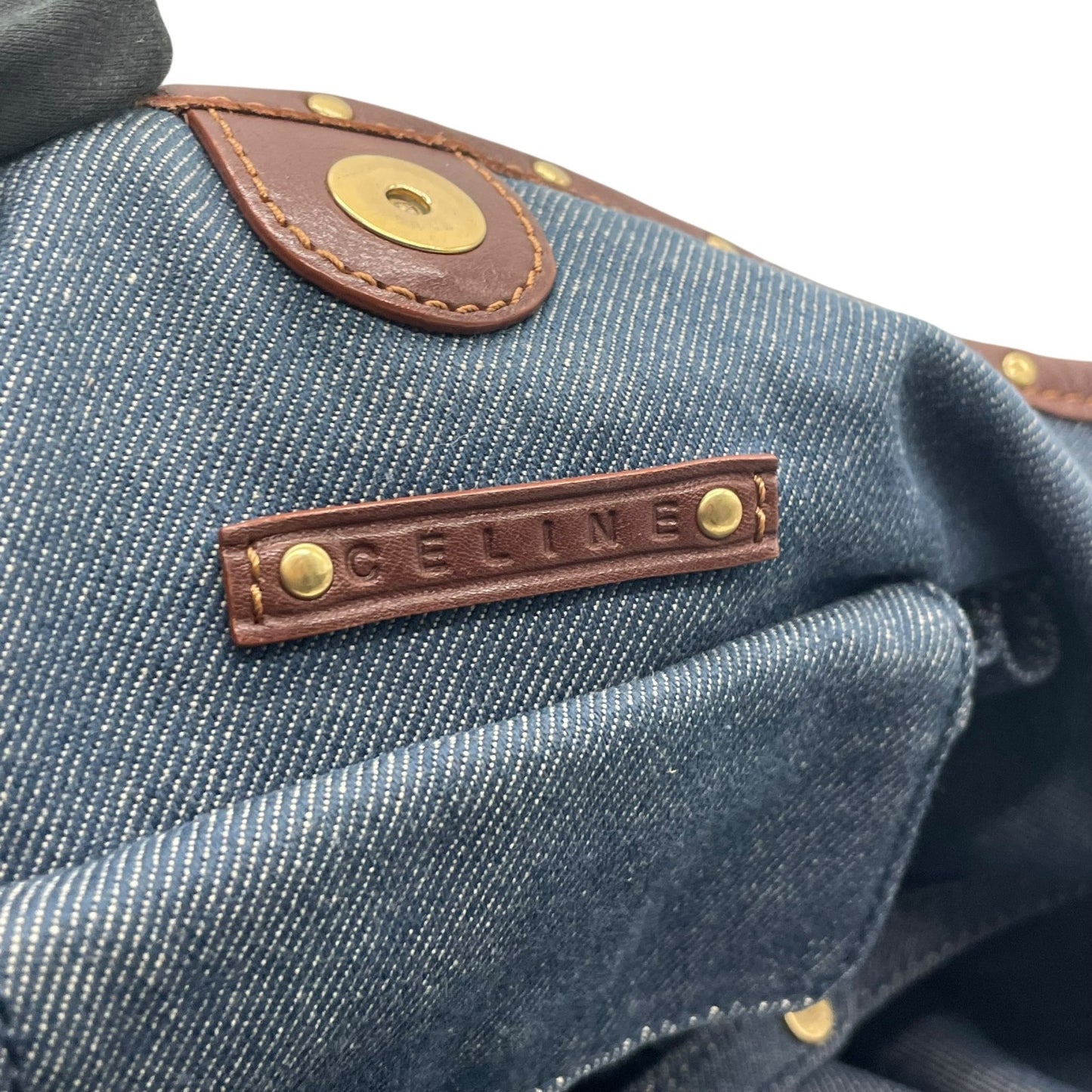 Authentic CELINE Pari Macadam Triomphe Denim Leather Handbag Brown Hardware