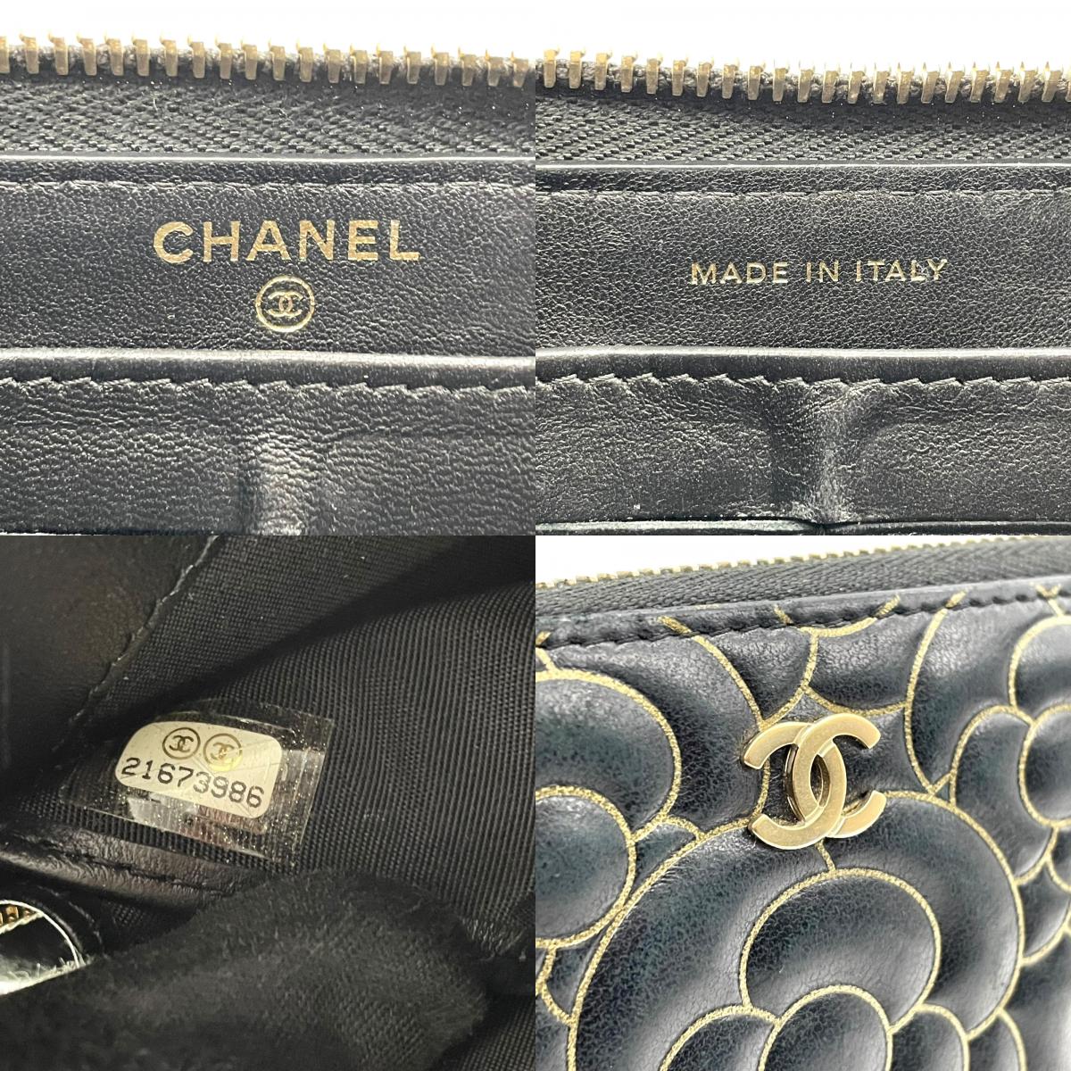 美品 シャネル CHANEL カメリア ラウンドファスナー 長財布 ブラック 黒 レザー 金 ゴールド金具 ココマーク 型押し ウォレット W6