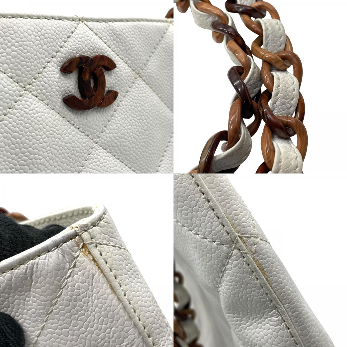 シャネル CHANEL トートバッグ キャビアスキン マトラッセ ココマーク 白 ホワイト ブラウンチェーン シルバー金具 C