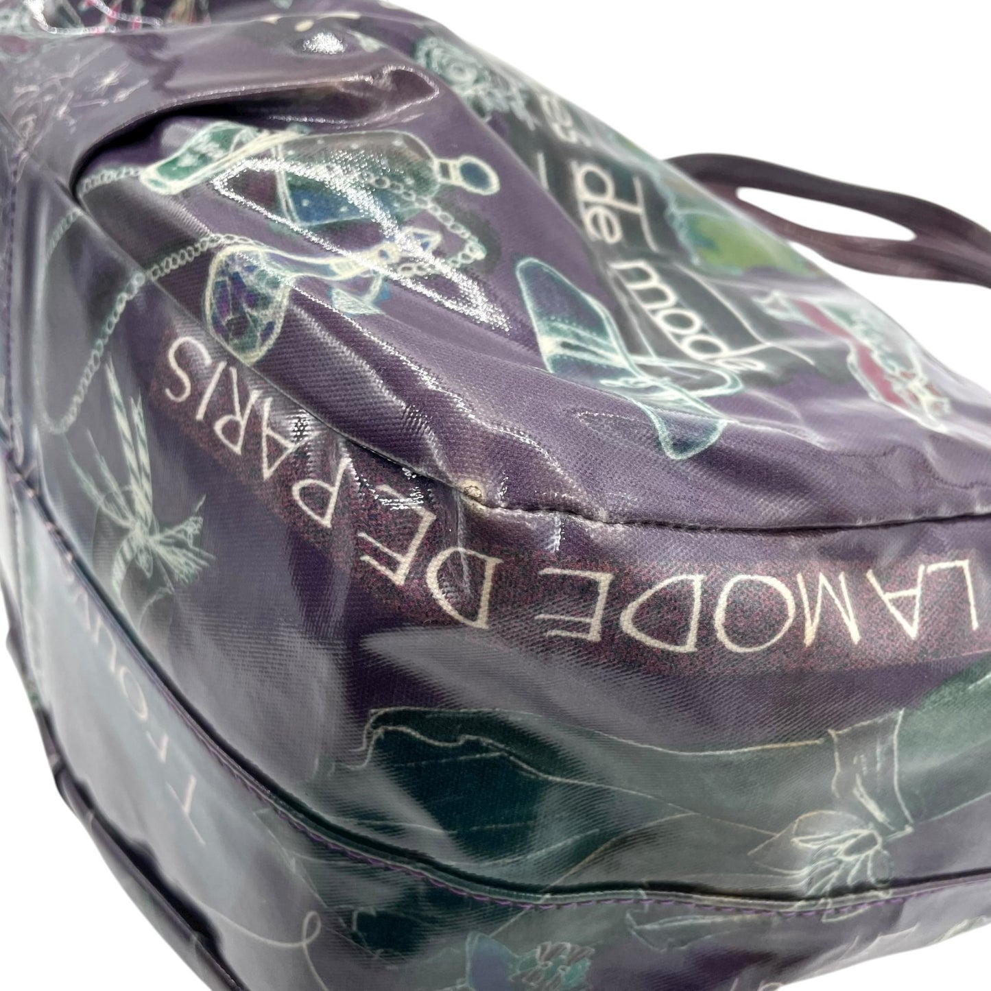 シンクビー Think Bee! ハンドバッグ トートバッグ パリ柄 エッフェル塔 ロゴ プリント 光沢 黒 ブラック レディース S90