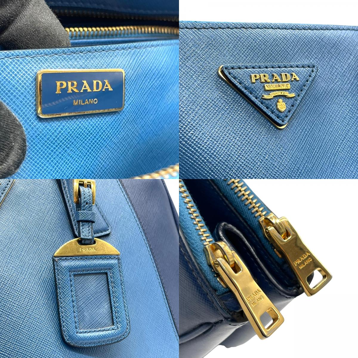 極美品 プラダ PRADA ガレリア ハンドバッグ トートバッグ 2way ショルダーバッグ サフィアーノレザー 三角ロゴ ブルー ゴールド金具 ハンドバッグ メンズ レディース A