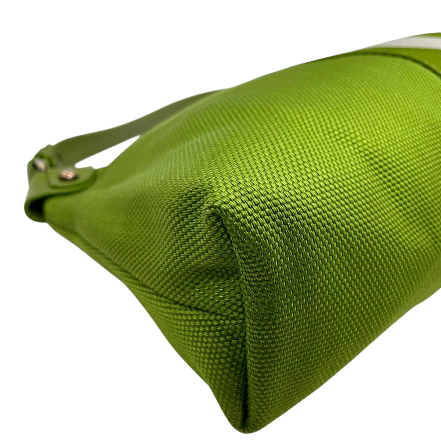 美品 バリー BALLY ハンドバッグ ヘリージ グリーン 黄緑 キャンバス レザー 横長 Y2K ストライプ 手提げ シルバー金具 S84