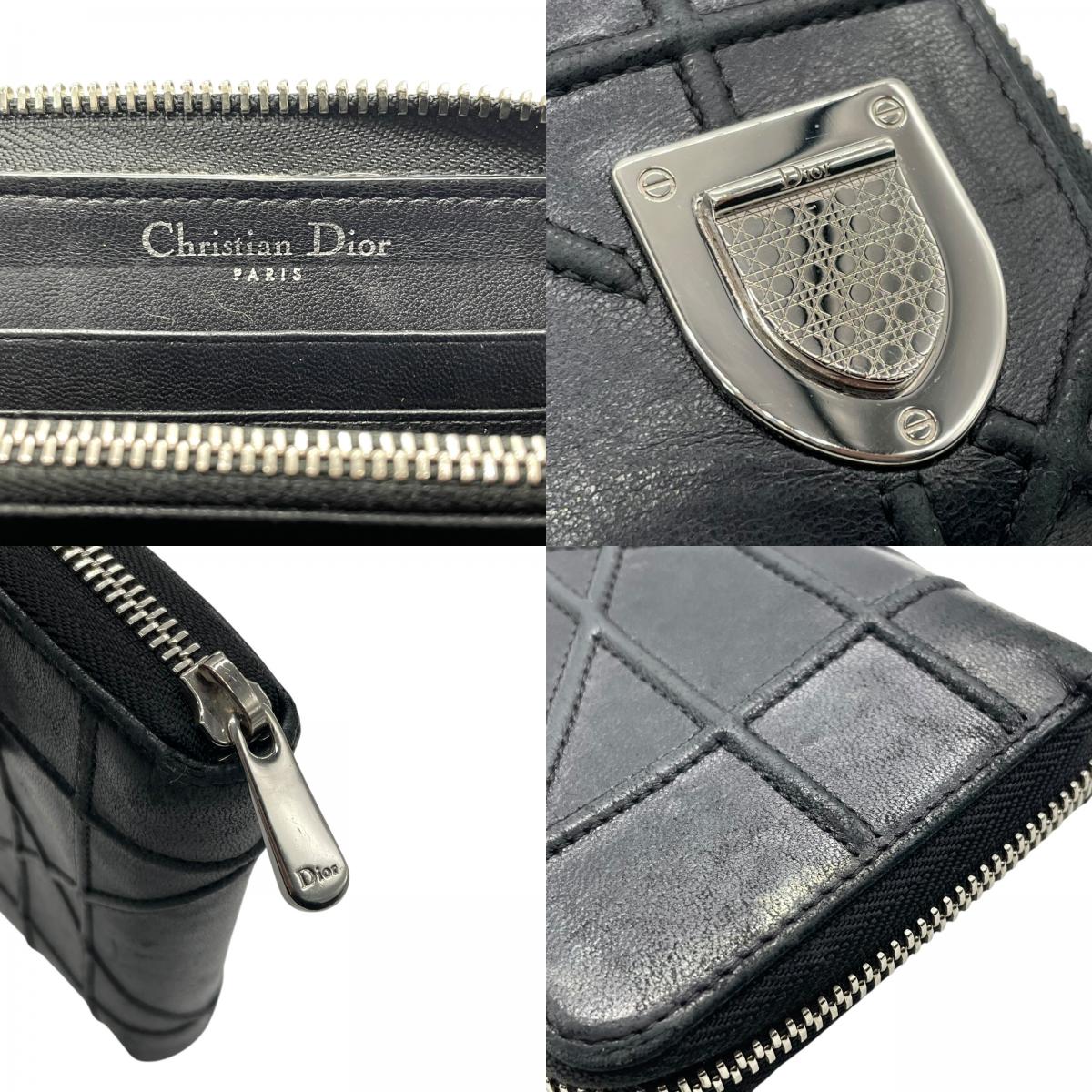 Christian Dior クリスチャンディオール ディオラマ 長財布 コンパクトウォレット ラウンドファスナー ブラック キルティング レザー シルバー金具 ロゴ メンズ レディース W3