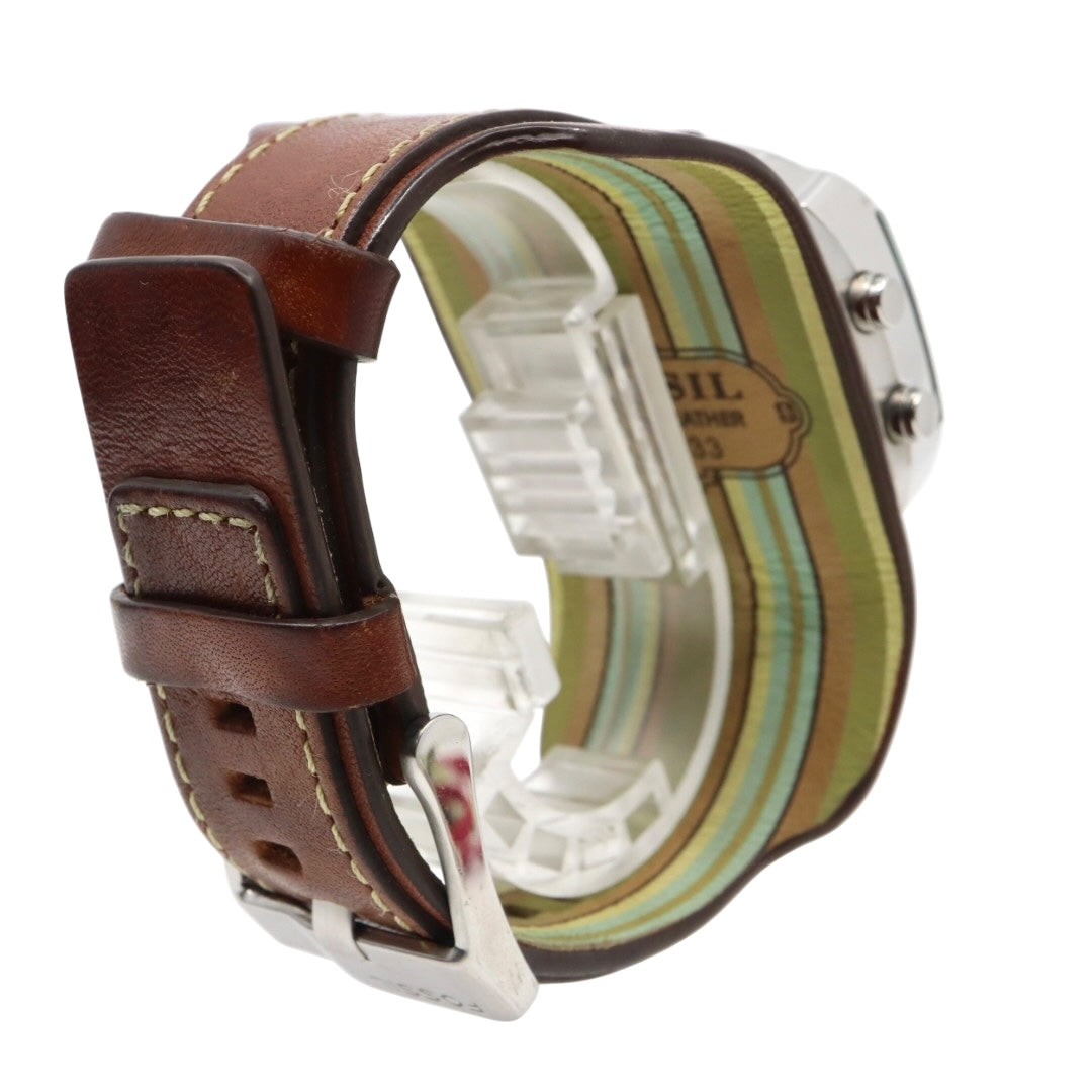 【美品/稼働品】フォッシル 腕時計 JR-9633 アナデジ ウッド調文字盤 カフレザー ワイドベルト ブラウン シルバー メンズ クオーツ ヴィンテージ レトロ 個性的 デザインウォッチ ストリート カジュアル G9