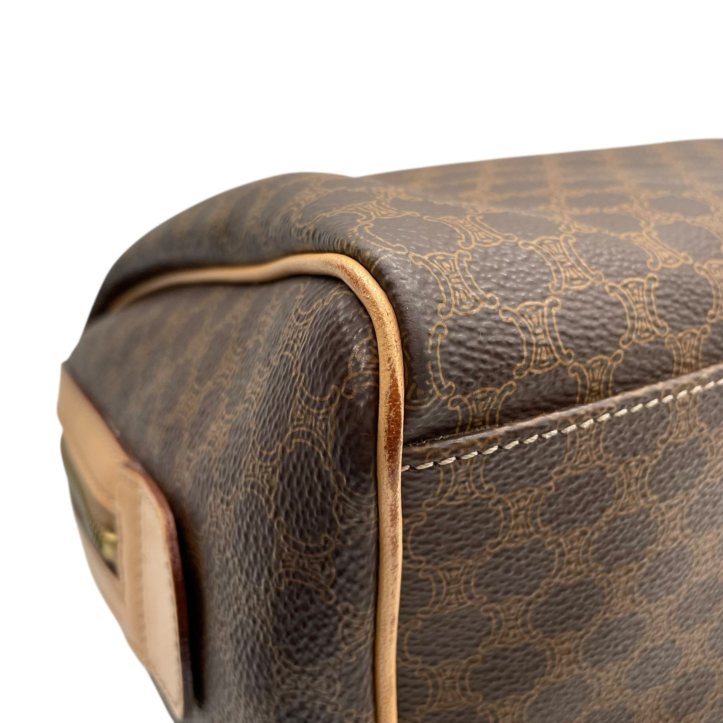 Authentic CELINE Trionf Monogram 2WAY Handbag Mini Boston Bag Shoulder Bag Leather Brown Gold Hardware Zipper Crossbody Women's