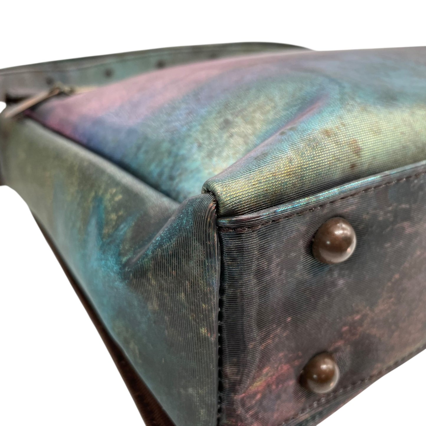 Authentic Jean Paul Gaultier V-Cyber Shoulder Bag Iridescent Green PVC Leather Bronze Hardware Unisex