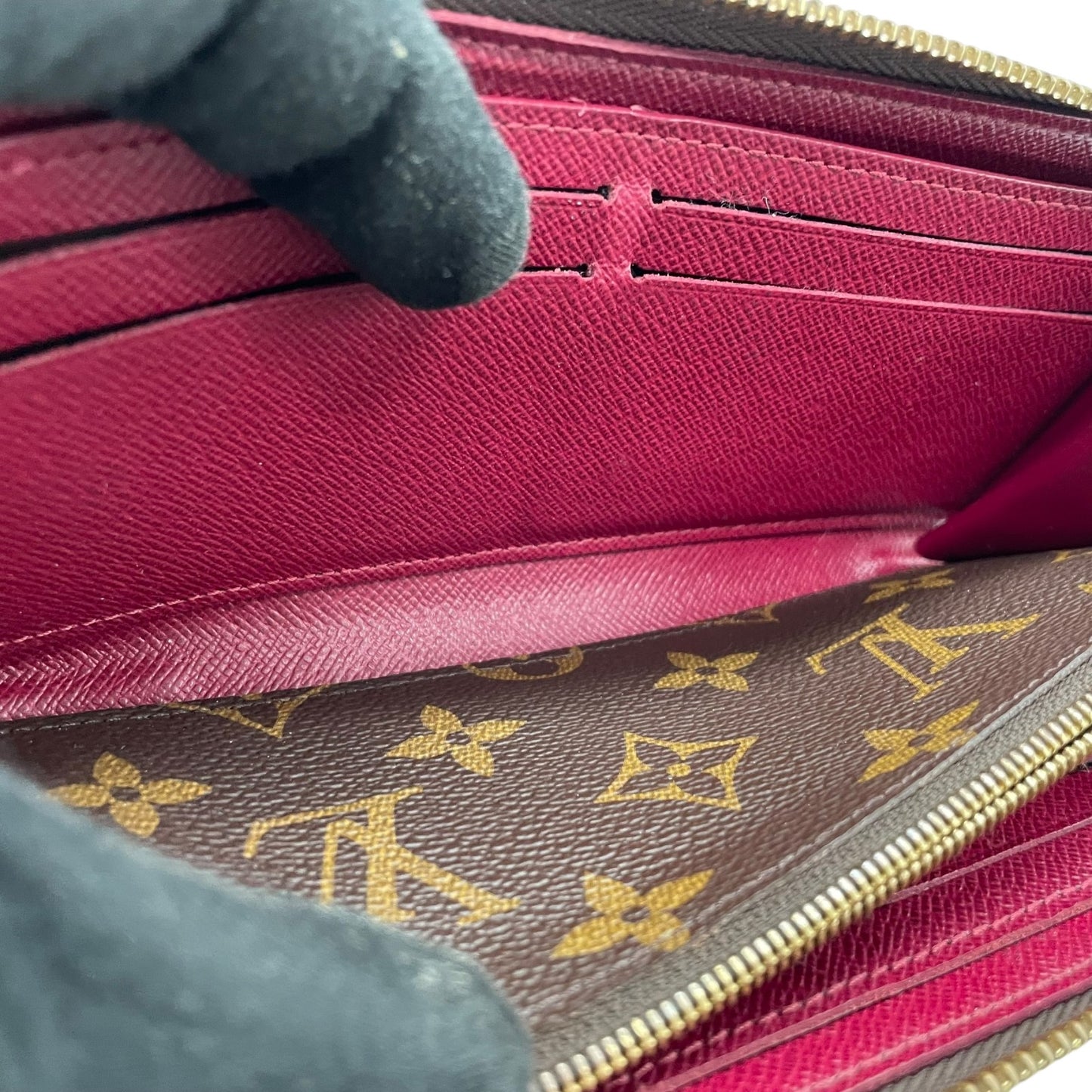 極美品 LOUIS VUITTON ルイヴィトン 長財布 モノグラム ポルトフォイユ・クレマンス M60742 ラウンドファスナー フューシャピンク ブラウン 茶 PVC レザー レディース W2