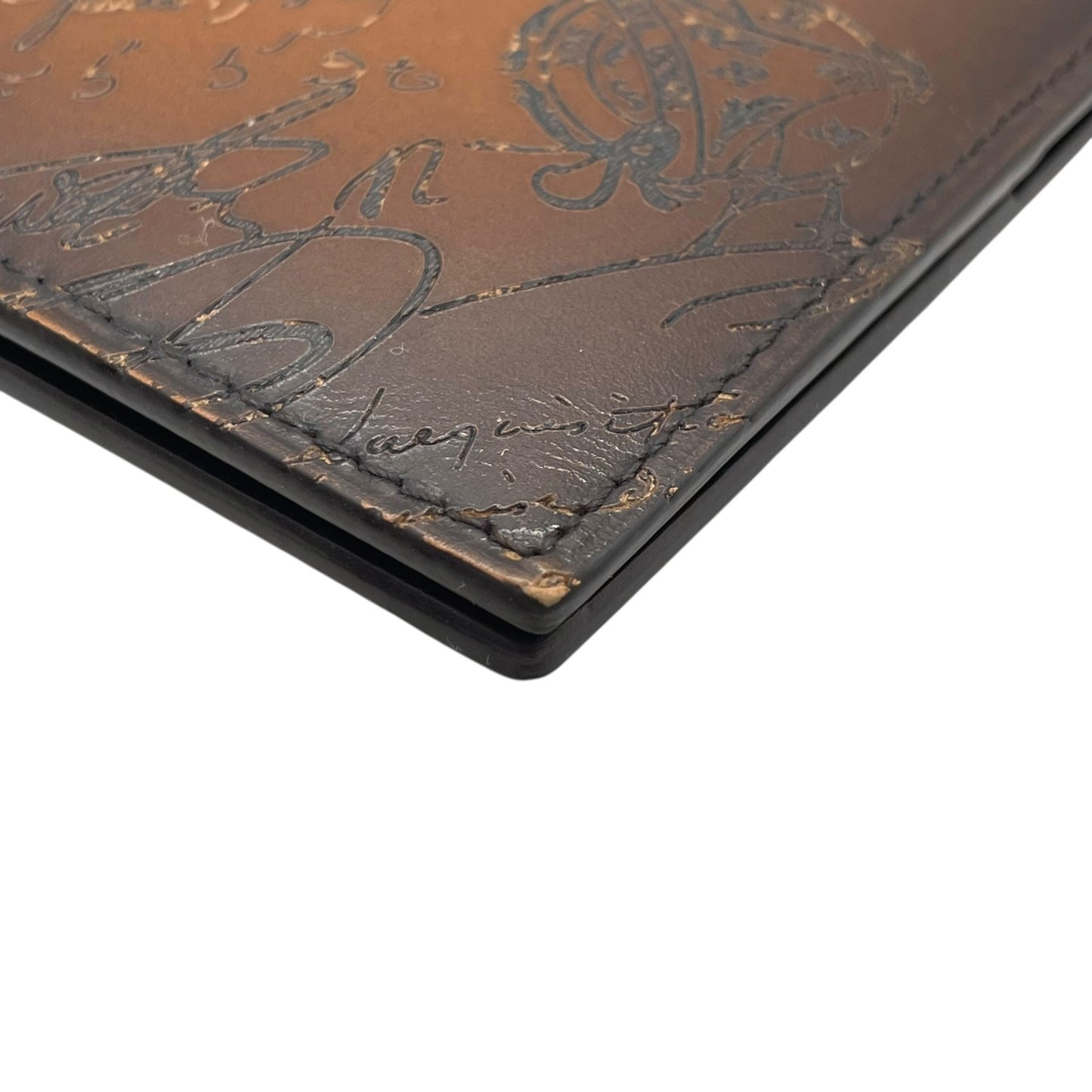 美品 BERLUTI ベルルッティ カリグラフィ マネークリップ 二つ折り フィギュア スクリットレザー コンパクトウォレット 茶 カカオ ブラウン メンズ スタンプ付き W2