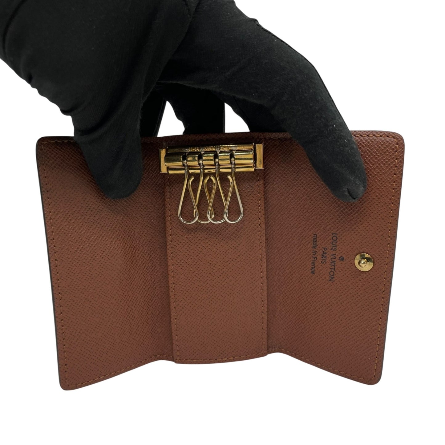 美品 LOUIS VUITTON ルイヴィトン モノグラム 三つ折り 4連キーケース ミュルティクレ4 M69517 茶 ブラウン PVC レザー ゴールド金具 レディース メンズ W3