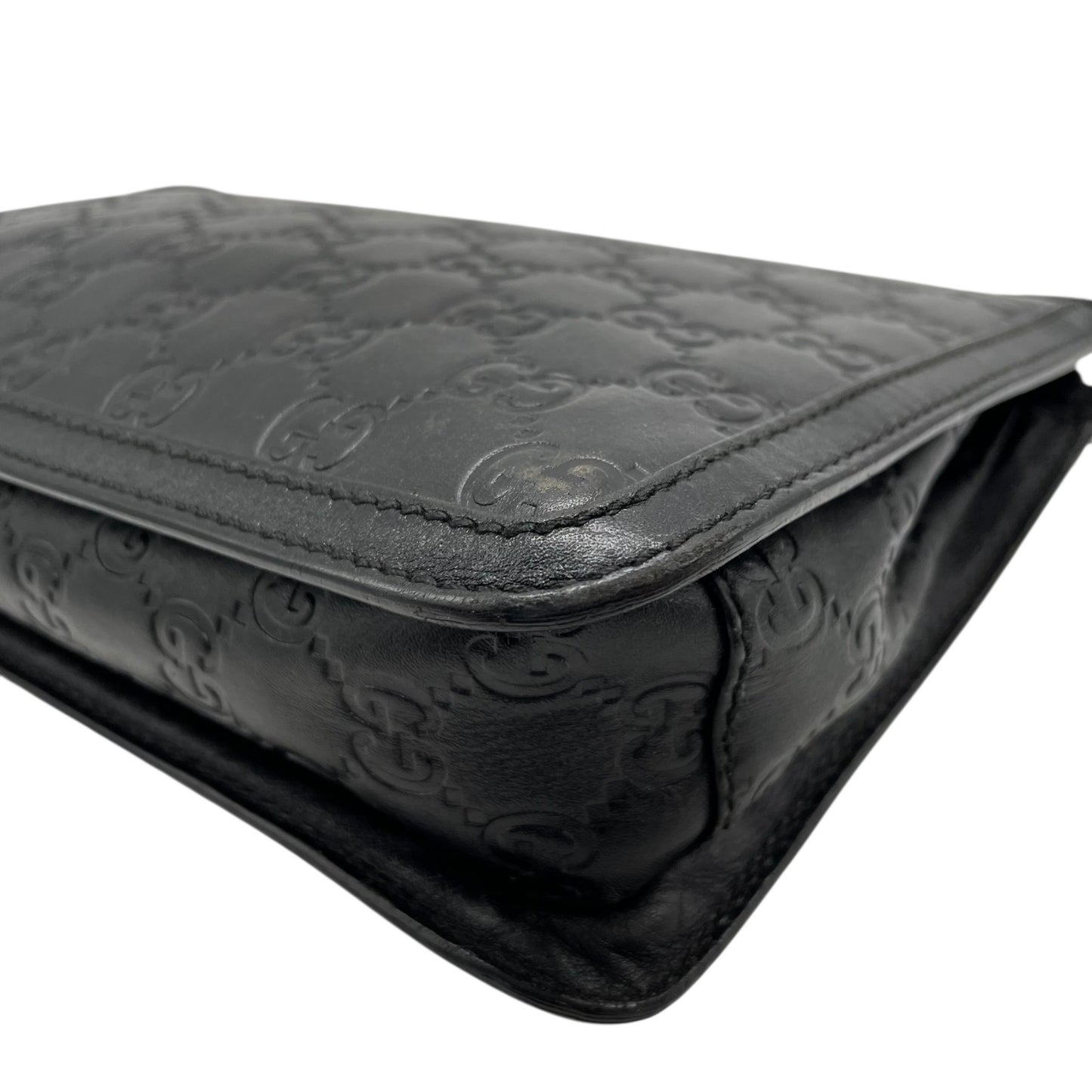 Authentic GUCCI Guccissima GG Clutch Bag Black Leather Silver Hardware With Strap