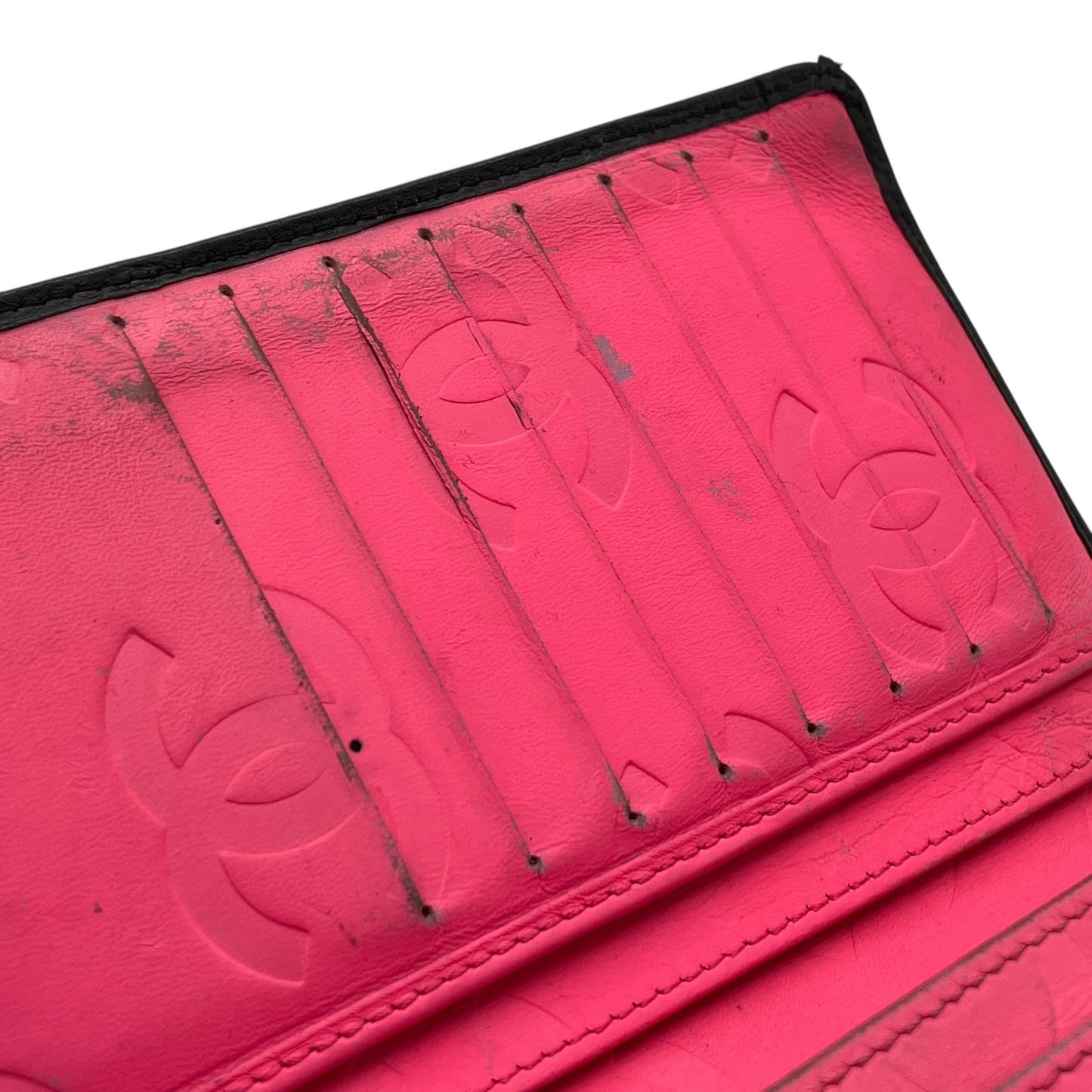 CHANEL シャネル カンボンライン ココマーク 二つ折り 長財布 黒 ブラック ピンク パテントレザー シルバー金具 レディース M5