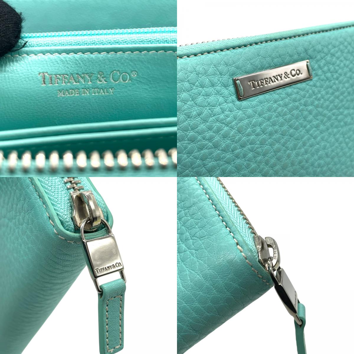 Authentic Tiffany & Co. Long Wallet Round Zipper Leather Silver Hardware with Box