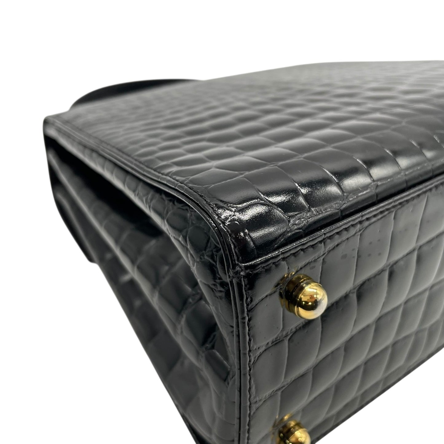 美品 TIFFANY＆Co. ティファニー ハンドバッグ 黒 ブラック レザー クロコ型押し ゴールド金具 手提げ トップハンドル フラップ開閉 レディース B