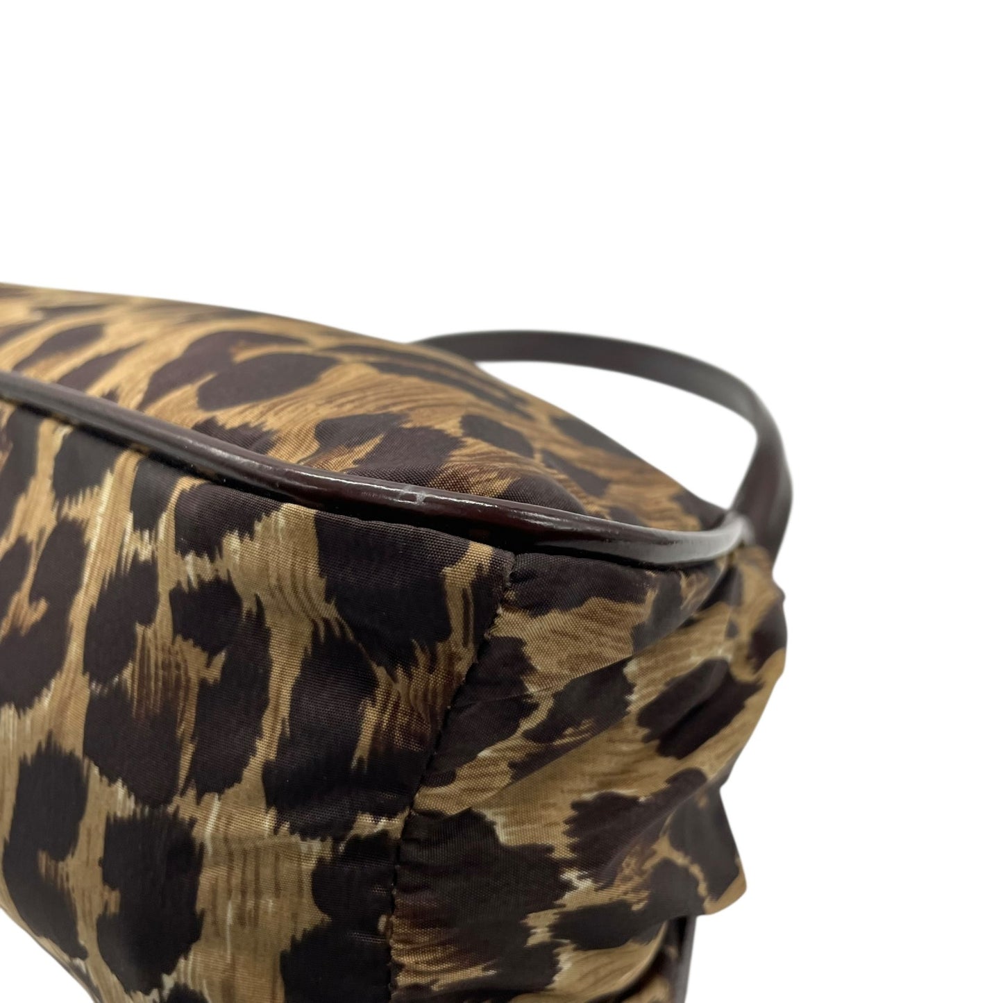 美品 DOLCE&GABBANA ドルチェ＆ガッパーナ ハンドバッグ レオパード ヒョウ柄 茶 ブラウン ナイロン パテントレザー シルバー金具 がま口 レディース C3