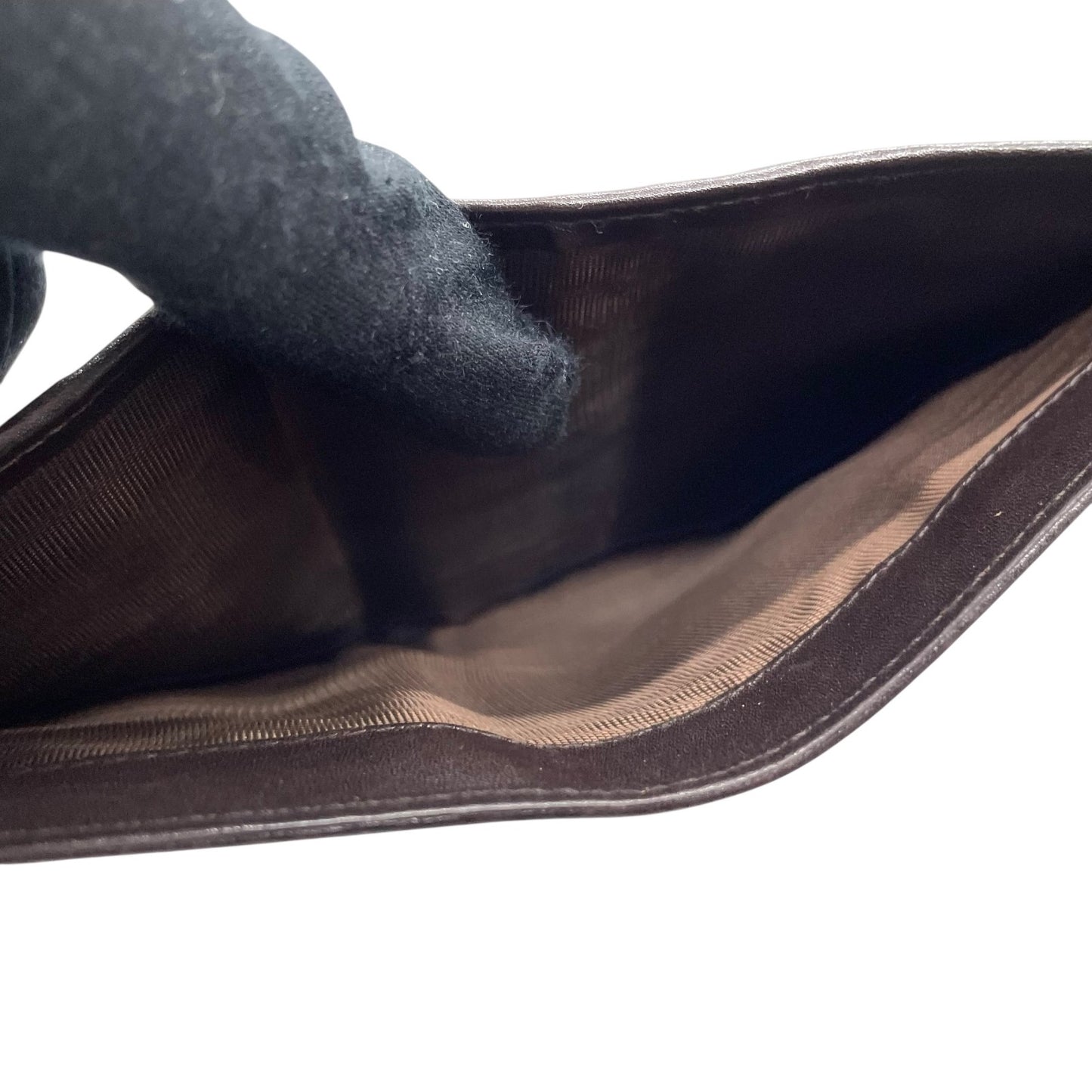 美品 PRADA プラダ 三つ折り財布 コンパクト財布 三角プレートロゴ トライアングルロゴ 茶 ダークブラウン レザー シルバー金具 メンズ レディース M5