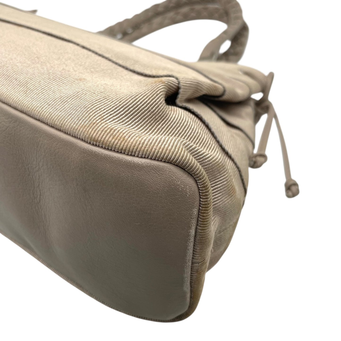 サルヴァトーレフェラガモ ハンドバッグ 編み込みレザーハンドル グレー キャンバス トートバッグ 肩掛け可能 K2