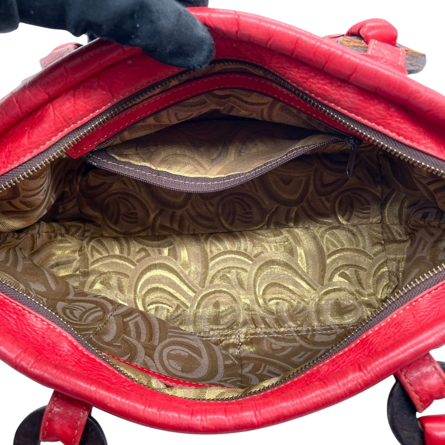 イビザ IBIZA レザーハンドバッグ バイカラー レッド×ブラック 赤 黒 木製リングデザイン レディース S68