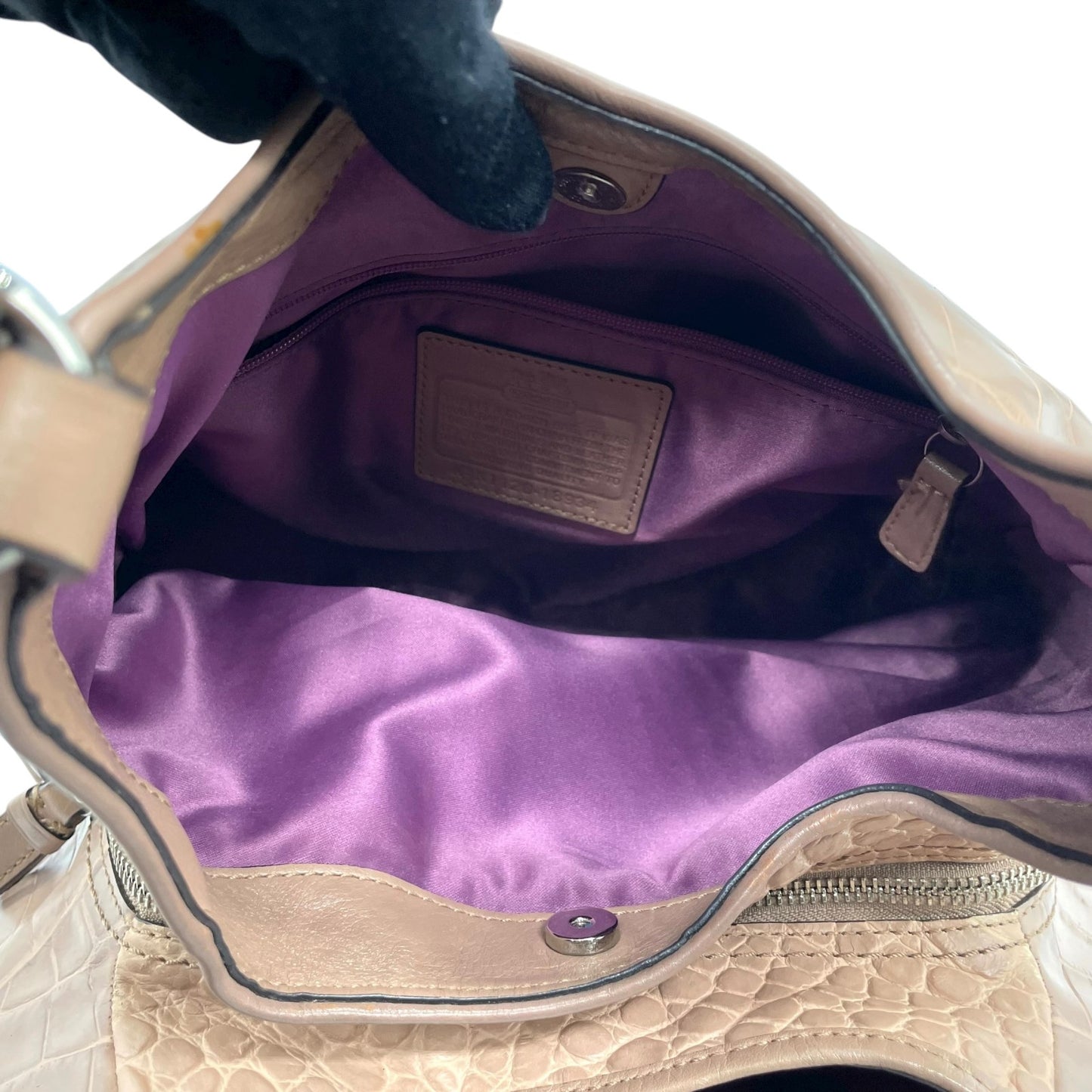 コーチ COACH ショルダーバッグ クロコ型押しレザー ベージュ シルバー金具 ホーボー トート T3