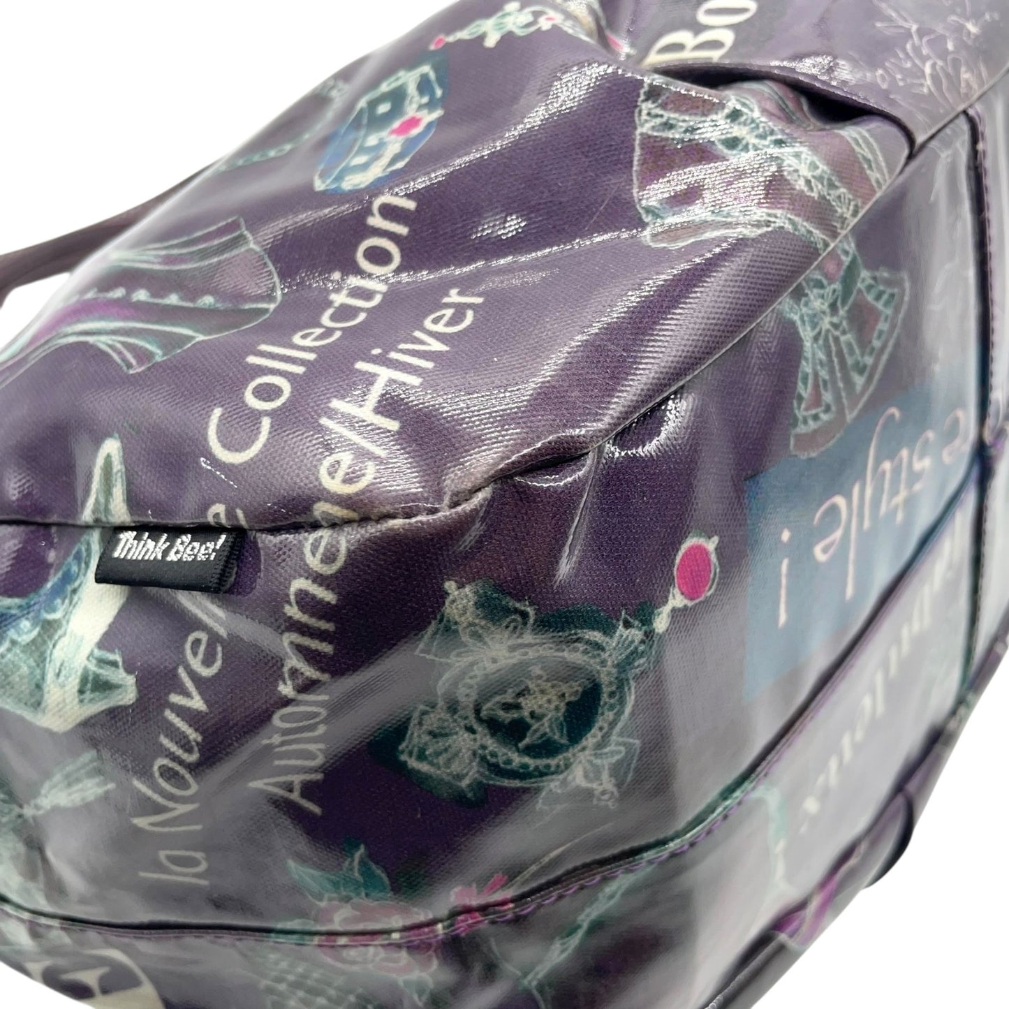 シンクビー Think Bee! ハンドバッグ トートバッグ パリ柄 エッフェル塔 ロゴ プリント 光沢 黒 ブラック レディース S90