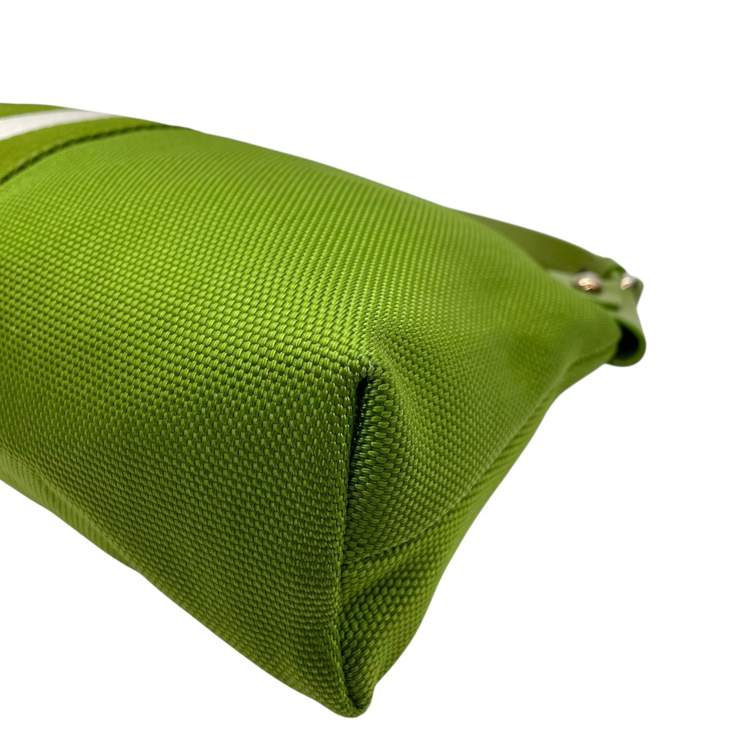 美品 バリー BALLY ハンドバッグ ヘリージ グリーン 黄緑 キャンバス レザー 横長 Y2K ストライプ 手提げ シルバー金具 S84