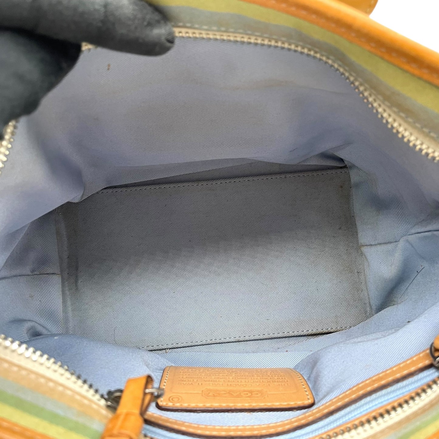 コーチ COACH ハンドバッグ ミニトート マルチストライプ ボーダー キャンバス レザー ロゴチャーム ファスナー開閉 ネイビー ブルー グリーン マルチカラー シルバー金具 手提げ レディース T1