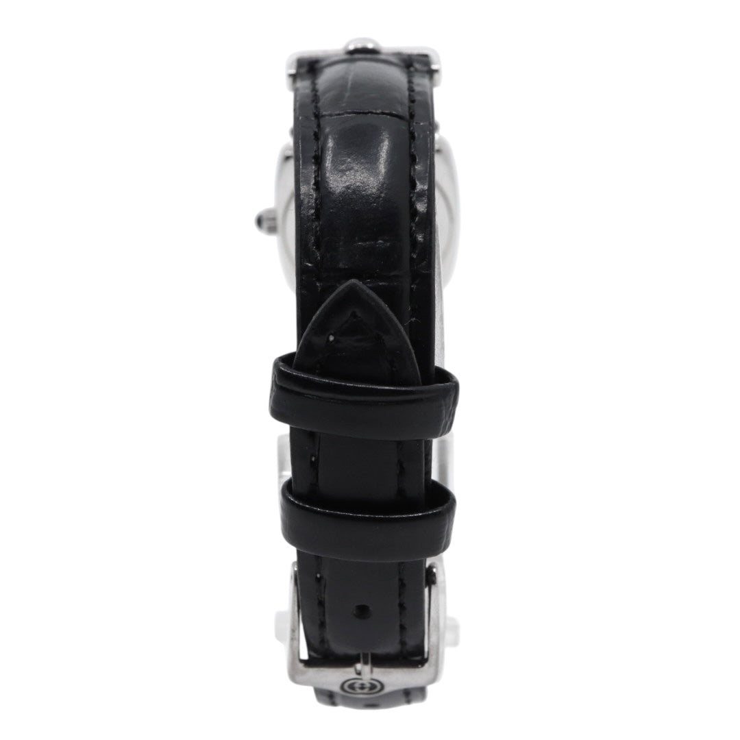 【美品/電池交換済/新品ベルト(社外品)】グッチ GUCCI 6300L レディース腕時計 クオーツ スクエアケース シルバー ホワイト文字盤 ブラックレザーベルト ホースビットデザイン クラシック エレガント ドレスウォッチ SWISS MADE G2