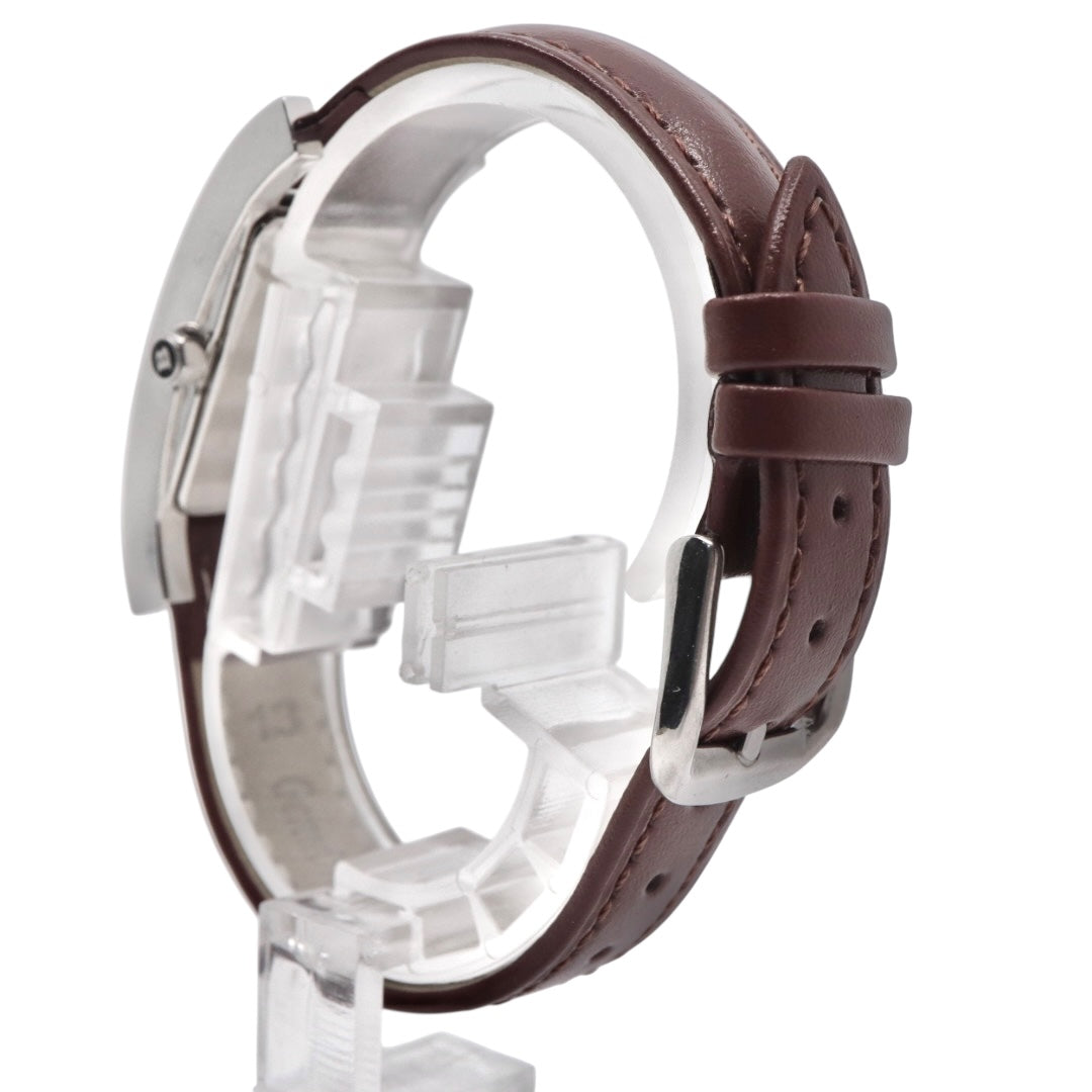 【美品／電池交換済／新品ベルト(社外品)】バーバリー BURBERRY BU1015 レディース腕時計 クオーツ アナログ レクタンギュラー スクエア シルバー ブラウン文字盤 ボルドーレザー クラシック エレガント スイス製 クリーニング済 G2