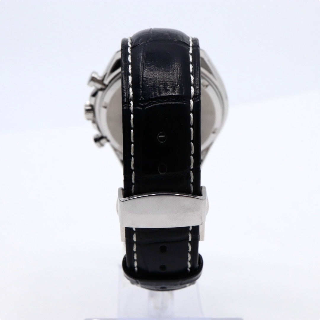 【新品同様/稼働品】セイコー SEIKO クロノグラフ V175-0FA0 メンズ腕時計 ソーラー アナログ ブラック文字盤 型押しレザーベルト タキメーター 10気圧防水 サファイアクリスタル ビジネス スポーティ エレガント クリーニング済 G7