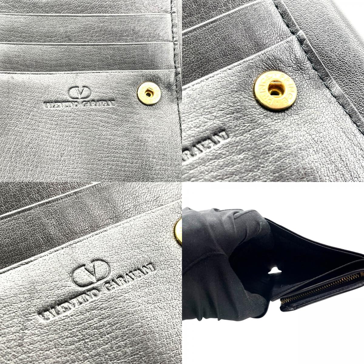 ヴァレンティノ ガラヴァーニ VALENTINO GARAVANI レザー 二つ折り財布 黒 ブラック ロゴ刻印 ゴールド金具 金金具 ヴィンテージ メンズ レディース W4