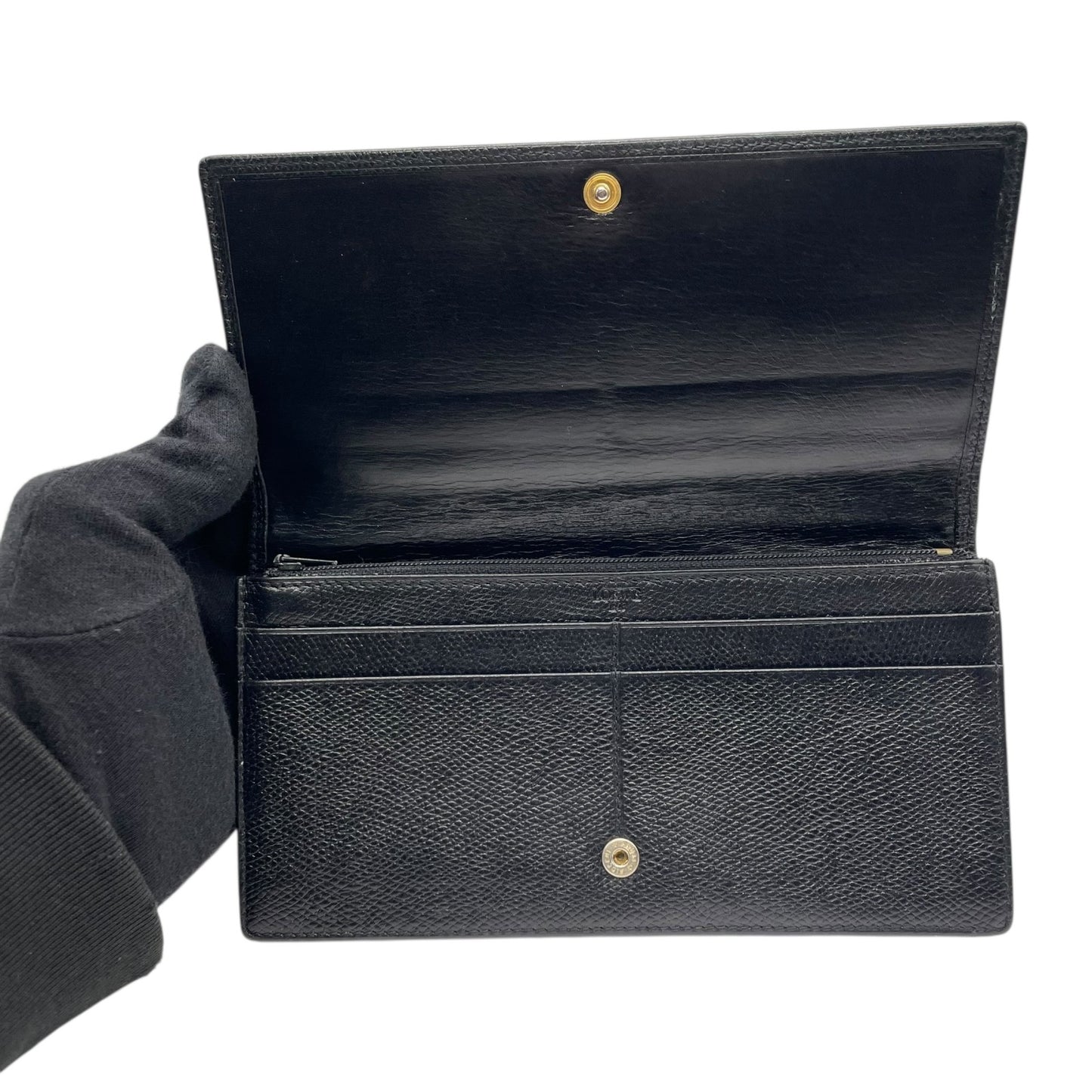 LOEWE ロエベ 二つ折り 長財布 ロングウォレット アナグラム 型押しロゴ ブラック レザー シボ革 ゴールド金具 ヴィンテージ レディース W2