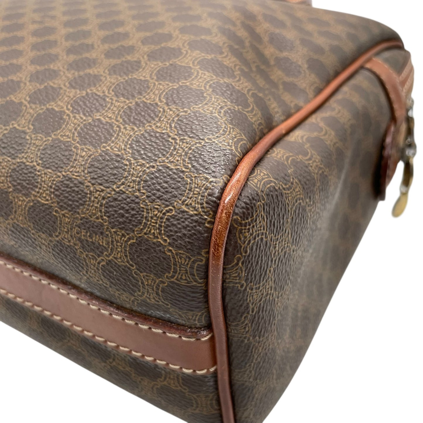 CELINE セリーヌ オールドセリーヌ マカダム柄 ハンドバッグ ショルダーバッグ ワンショルダー 肩掛け PVC レザー 本革 ブラウン 茶色 ゴールド金具 ファスナー開閉 ヴィンテージ K12